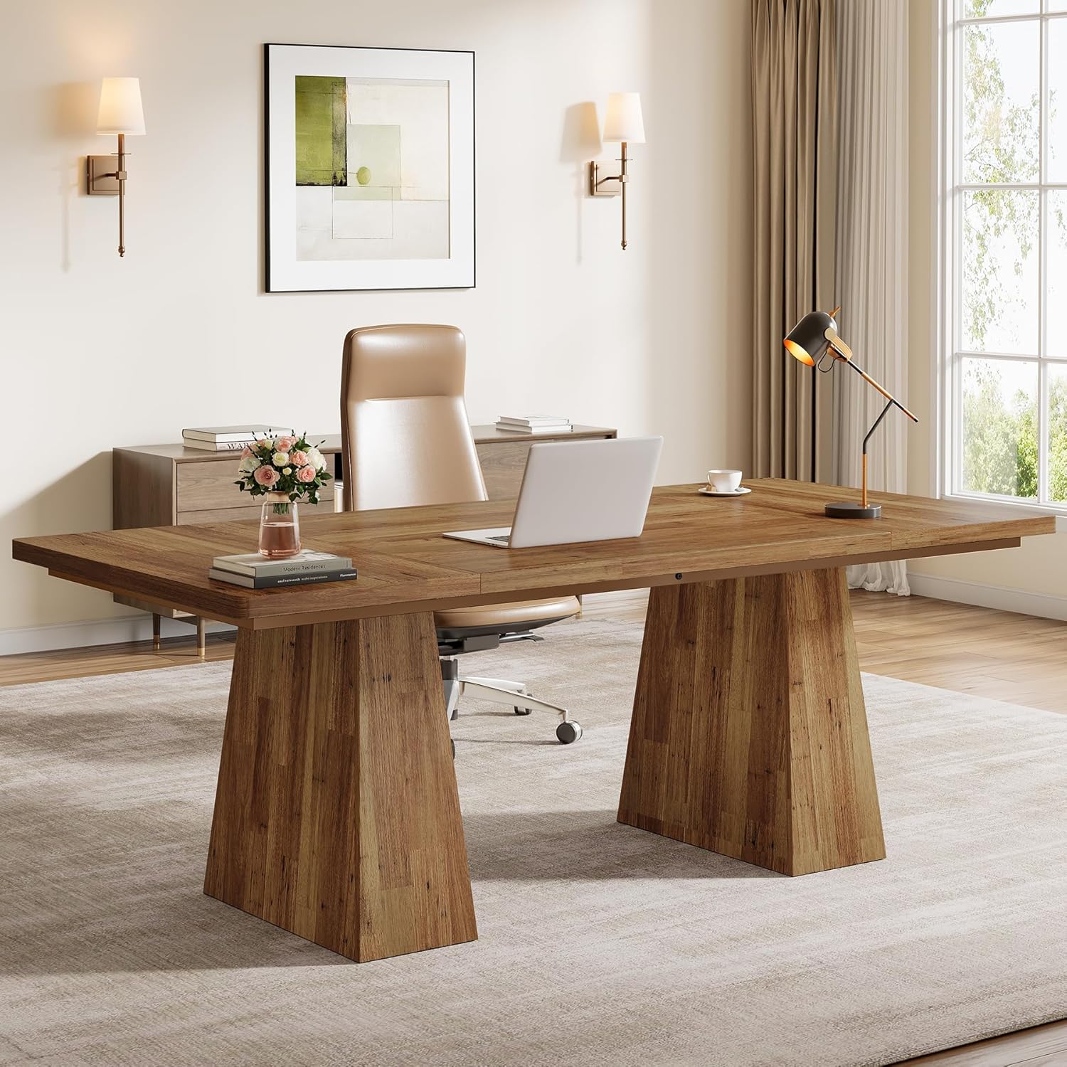 63" Executive Office Desk, Modern Black Double Pedestal Workstation for Home - Image 15