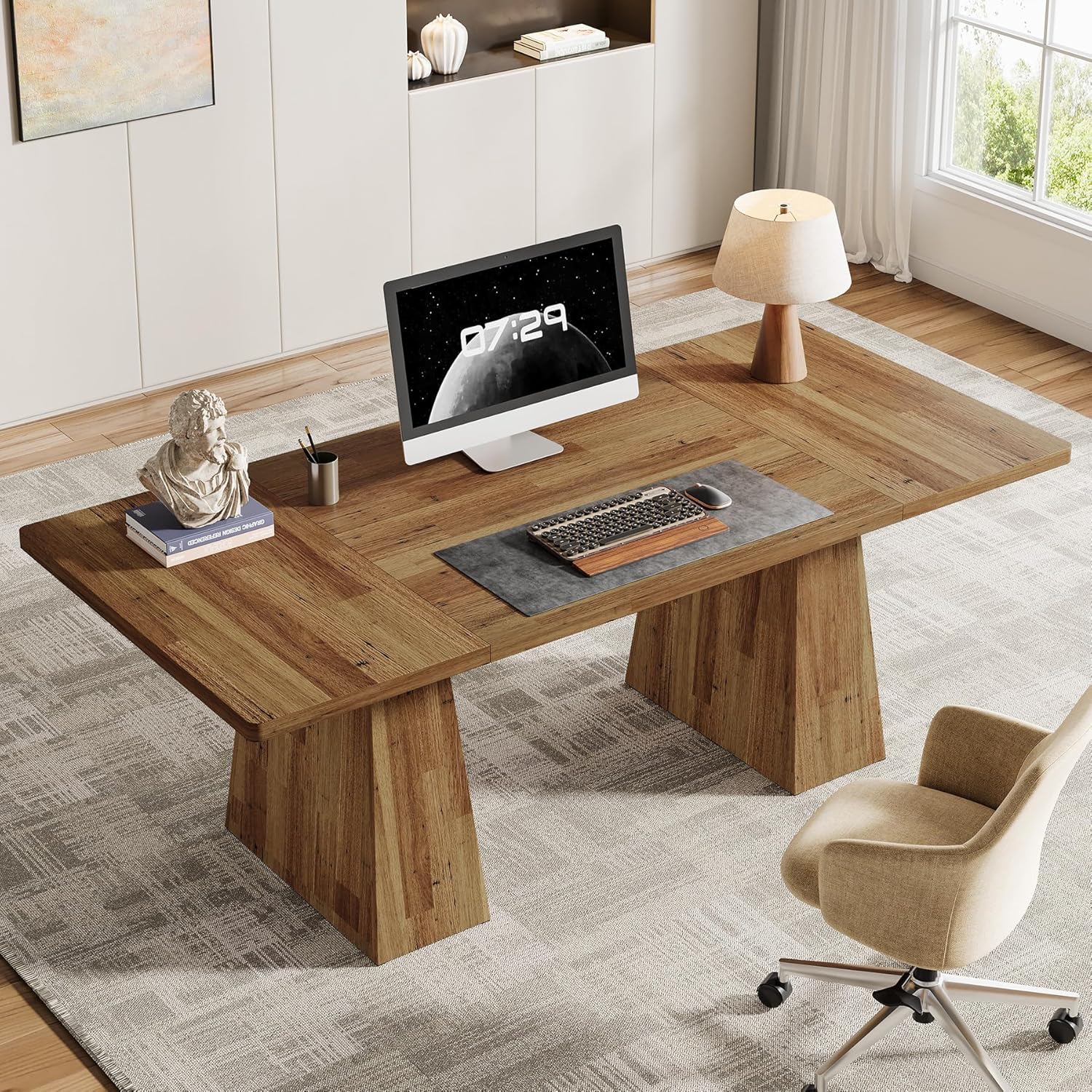 63" Executive Office Desk, Modern Black Double Pedestal Workstation for Home - Image 19
