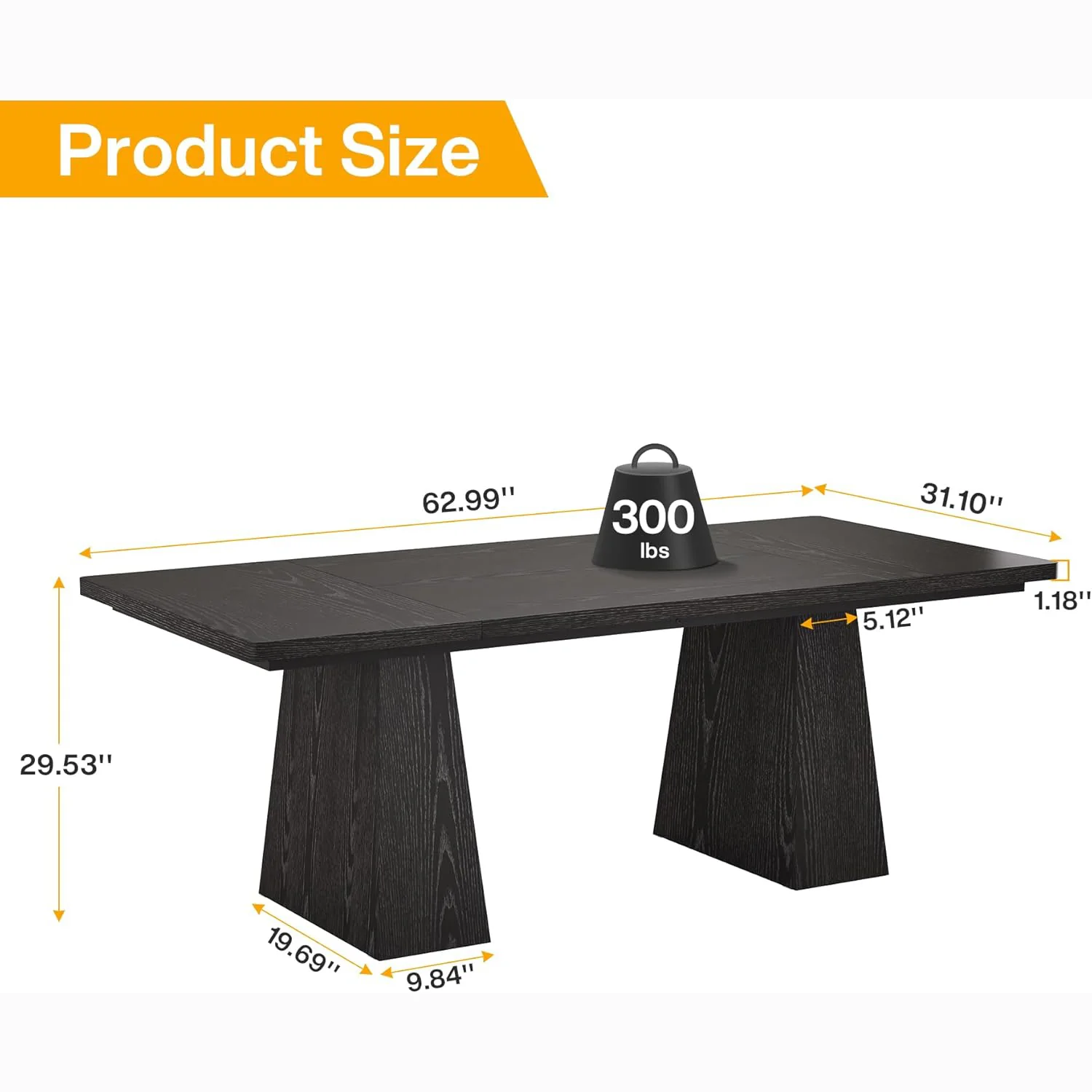 63" Executive Office Desk, Modern Black Double Pedestal Workstation for Home - Image 2