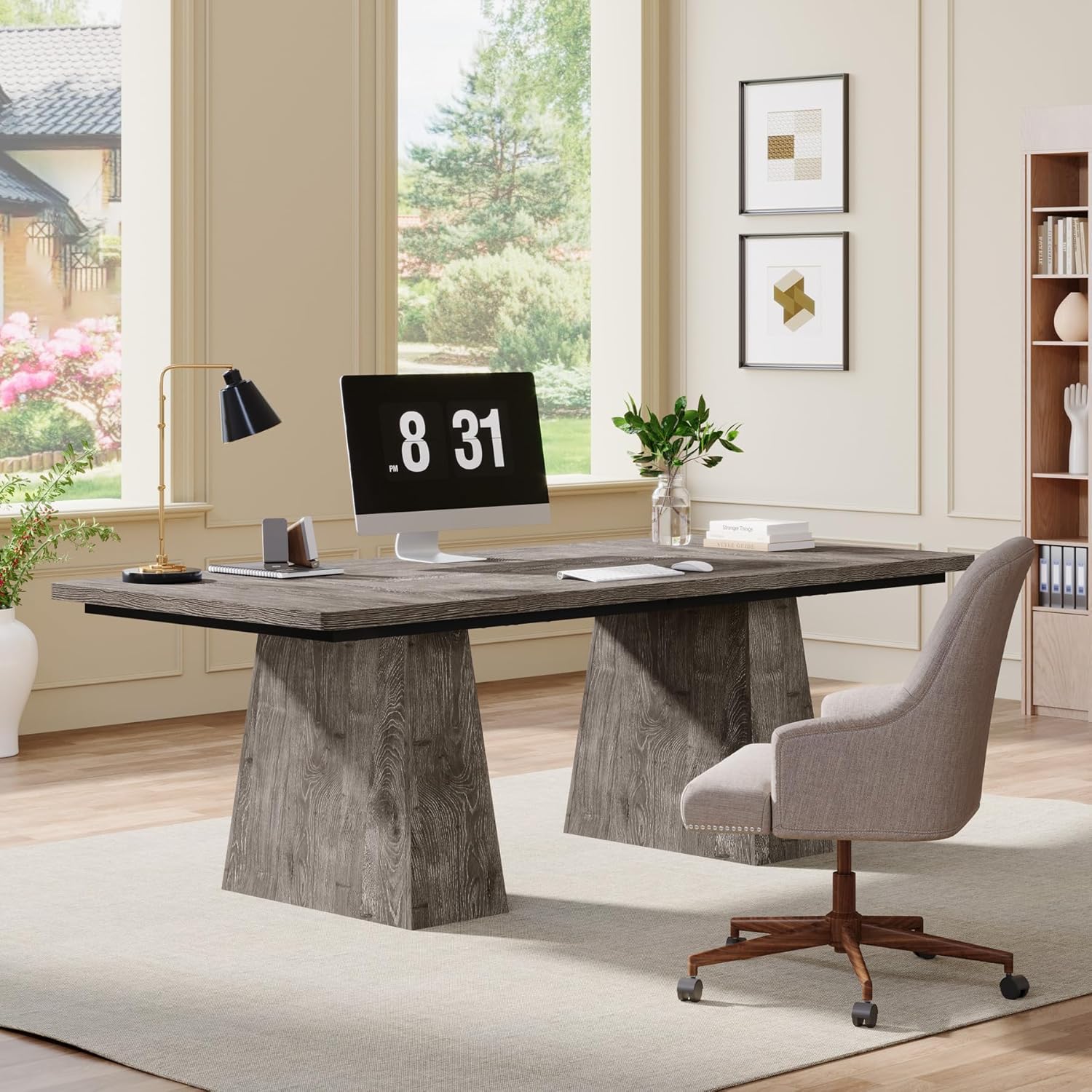 63" Executive Office Desk, Modern Black Double Pedestal Workstation for Home - Image 26