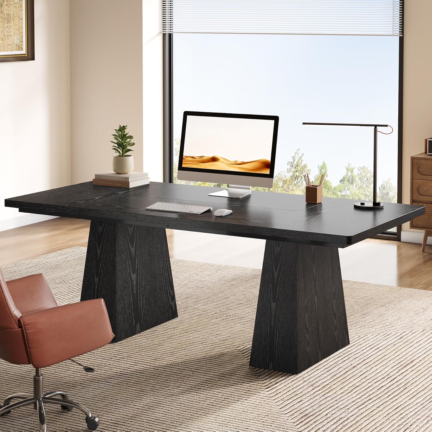 63" Executive Office Desk, Modern Black Double Pedestal Workstation for Home - Image 3