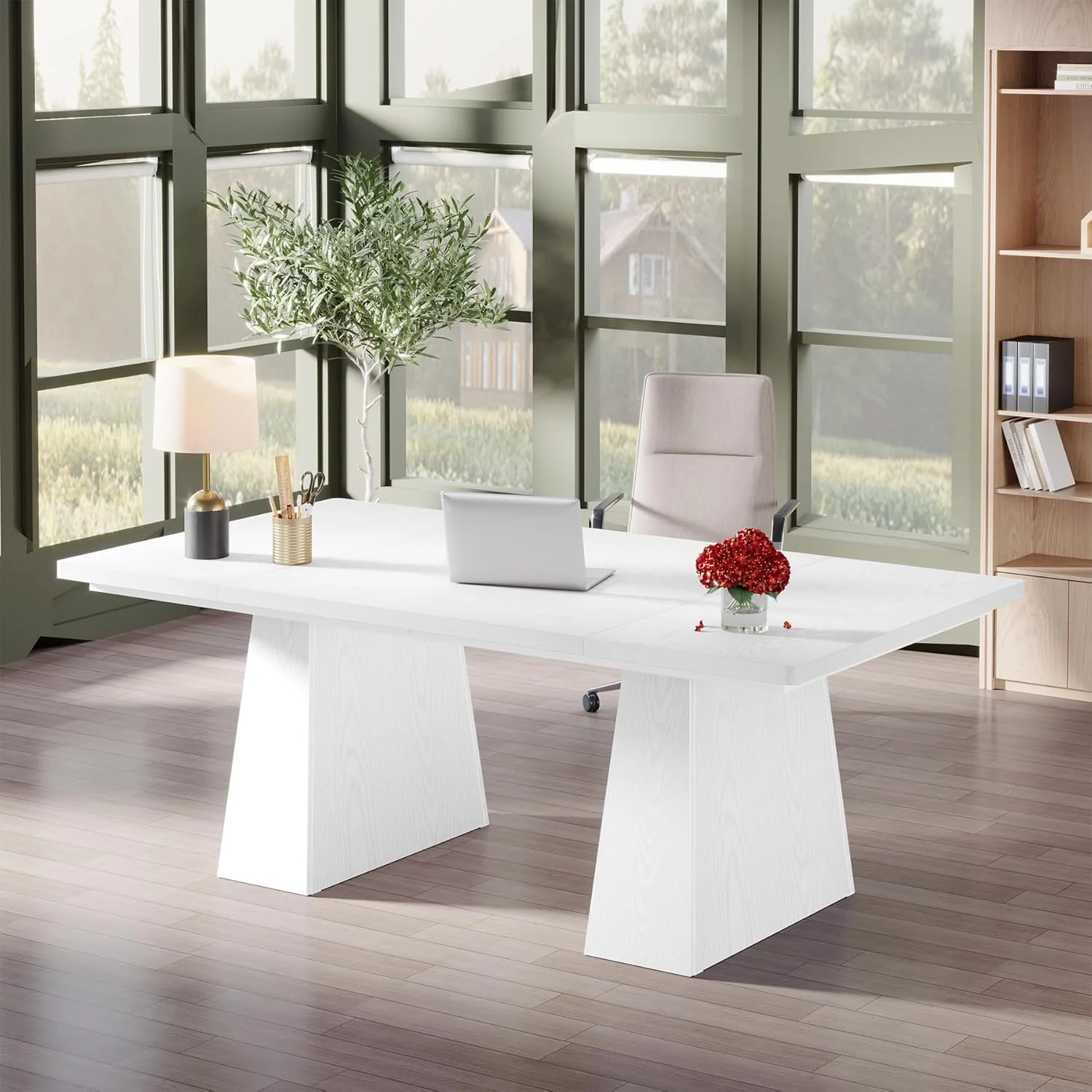 63" Executive Office Desk, Modern Black Double Pedestal Workstation for Home - Image 38