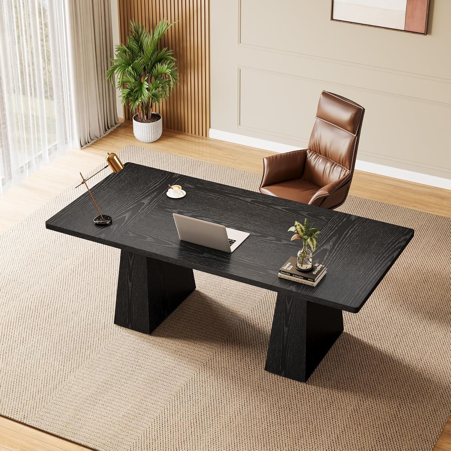 63" Executive Office Desk, Modern Black Double Pedestal Workstation for Home - Image 4