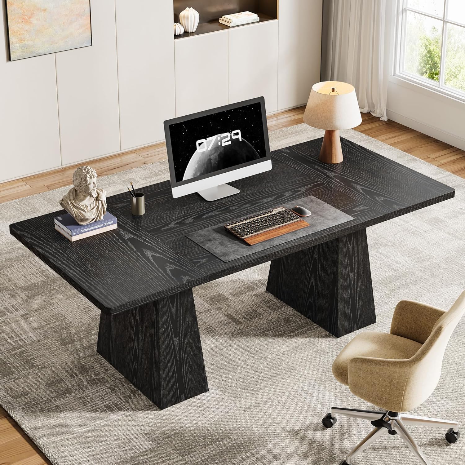 63" Executive Office Desk, Modern Black Double Pedestal Workstation for Home - Image 5