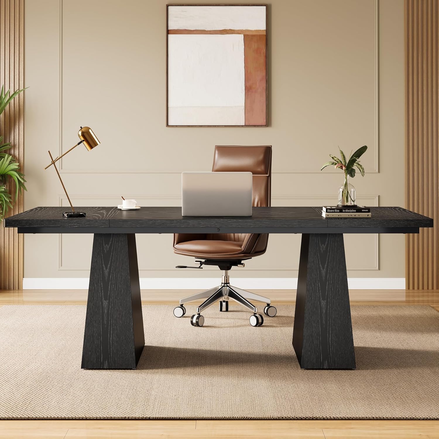 63" Executive Office Desk, Modern Black Double Pedestal Workstation for Home - Image 6