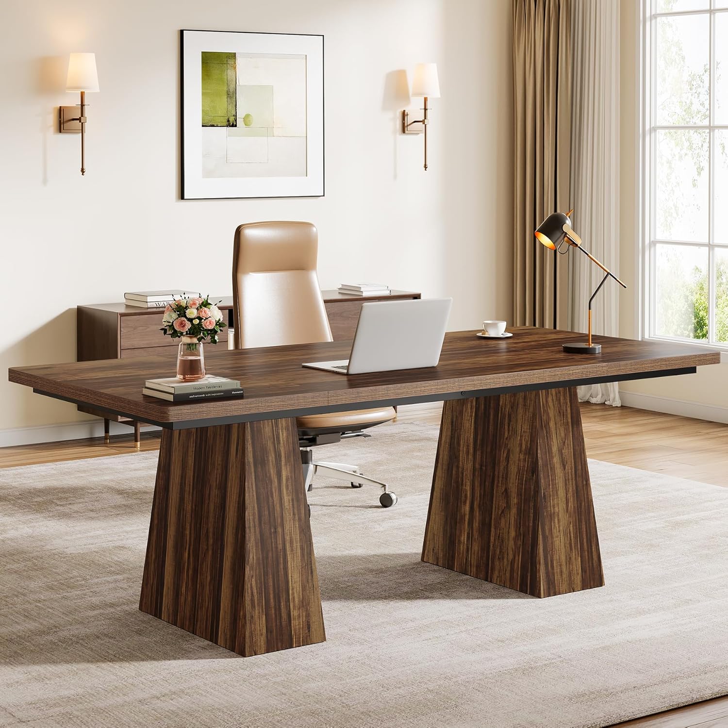 63" Executive Office Desk, Modern Black Double Pedestal Workstation for Home - Image 8