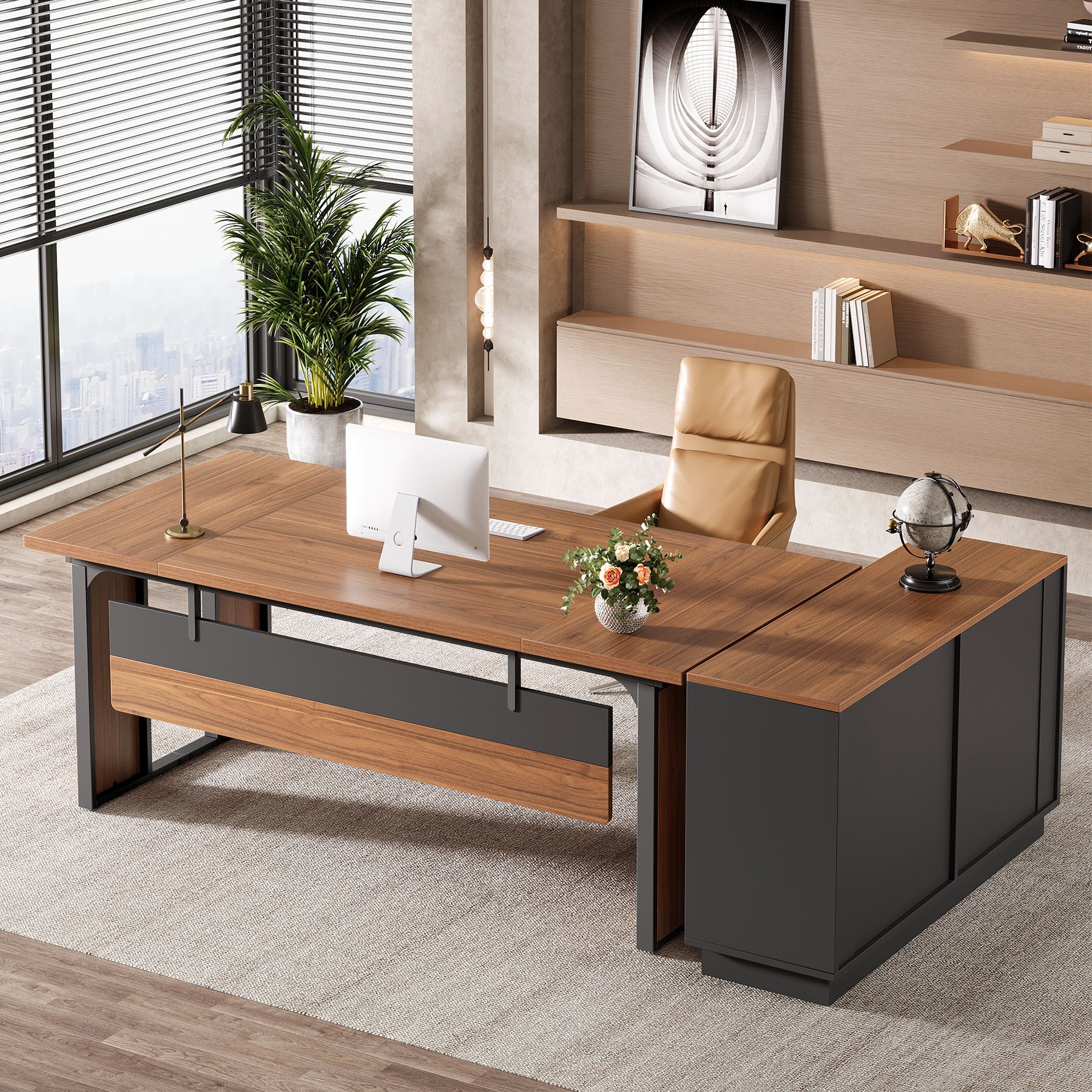 L-Shaped Executive Desk, 63" Computer Desk Workstation with File Cabinet