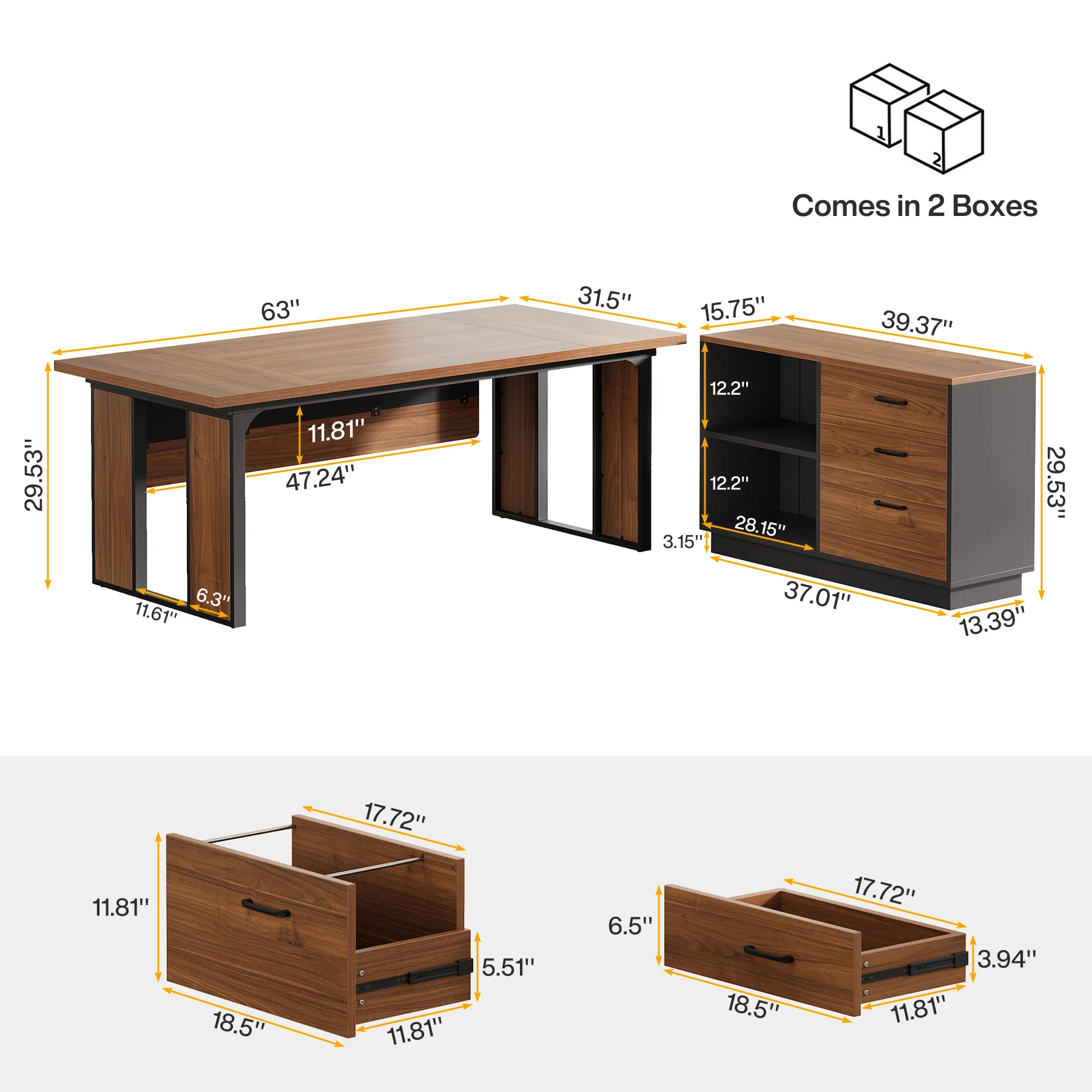 L-Shaped Executive Desk, 63" Computer Desk Workstation with File Cabinet - Image 2