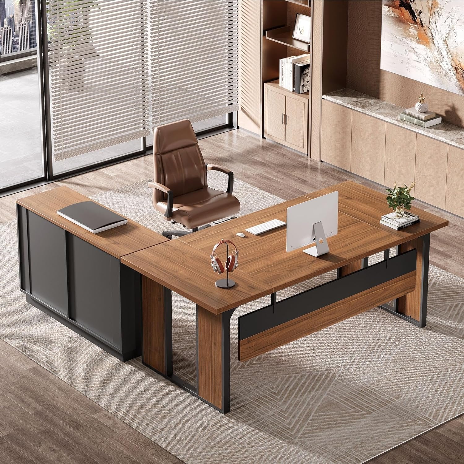 L-Shaped Executive Desk, 63" Computer Desk Workstation with File Cabinet - Image 3