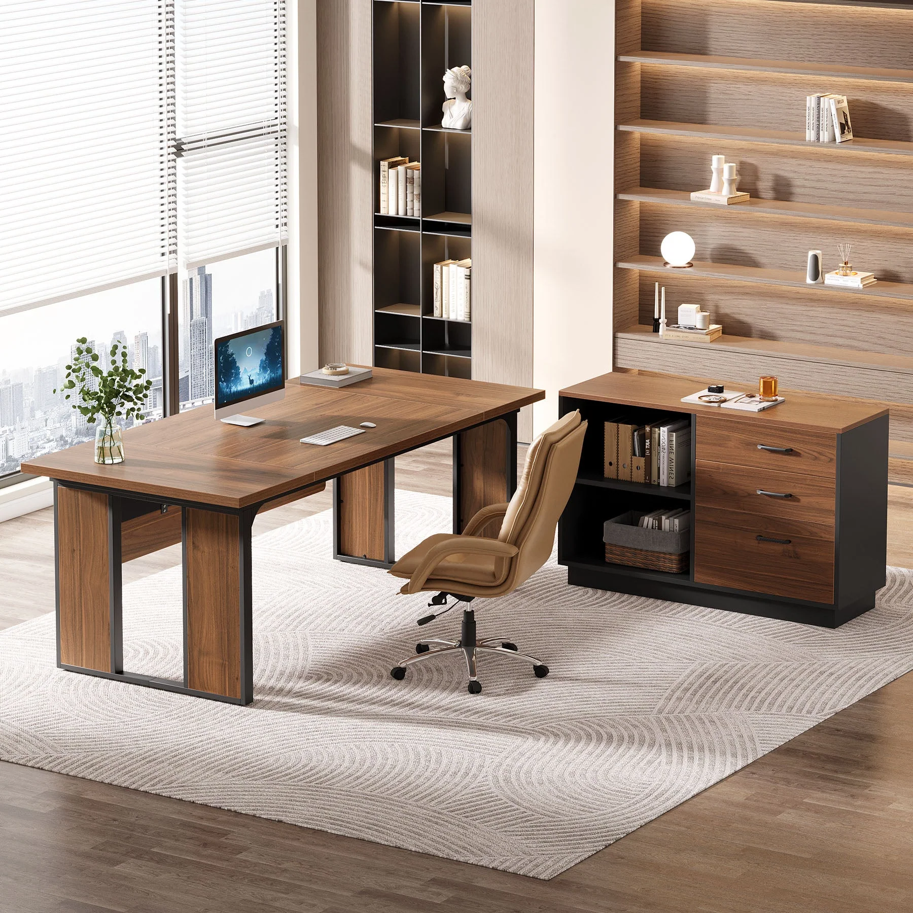 L-Shaped Executive Desk, 63" Computer Desk Workstation with File Cabinet - Image 4