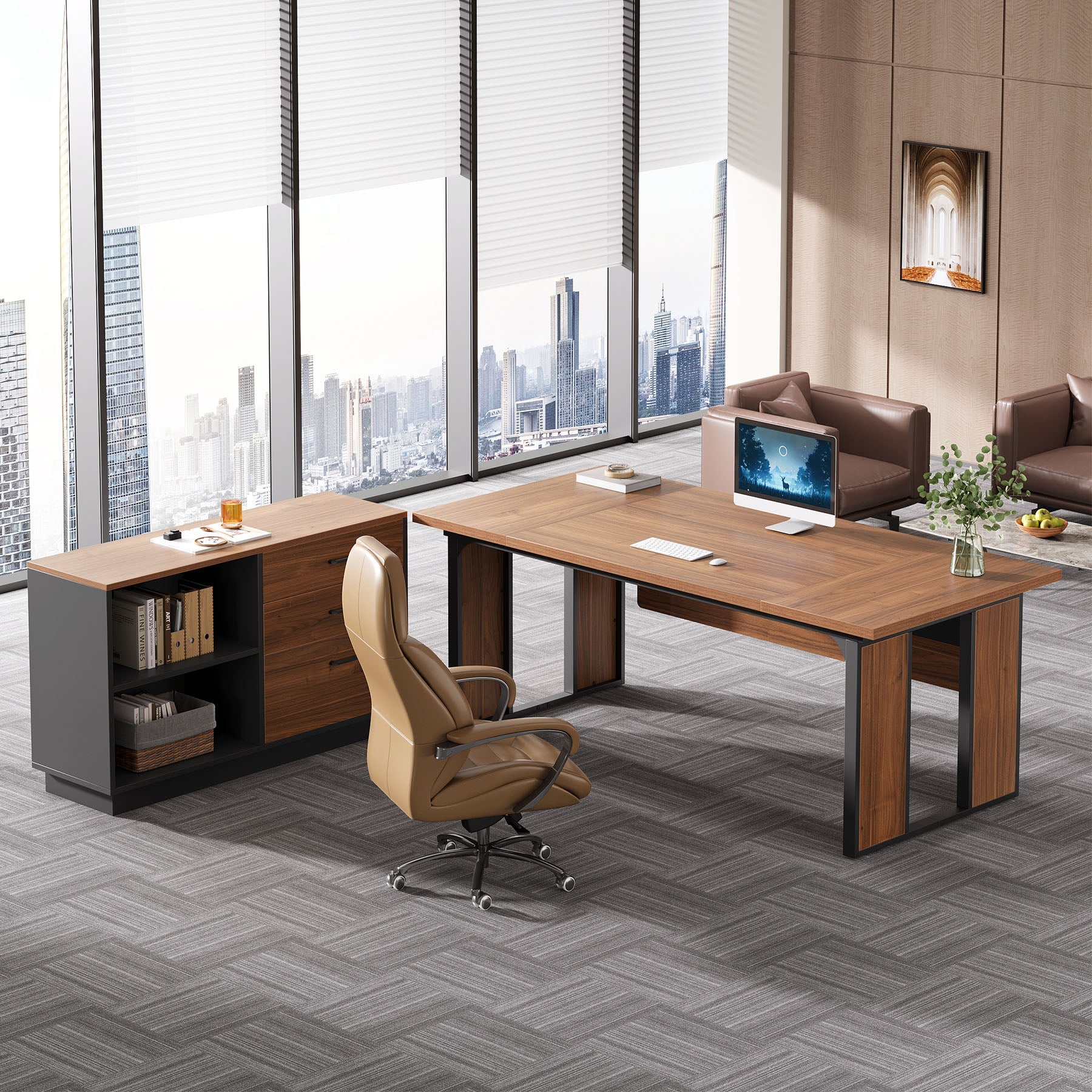 L-Shaped Executive Desk, 63" Computer Desk Workstation with File Cabinet - Image 5