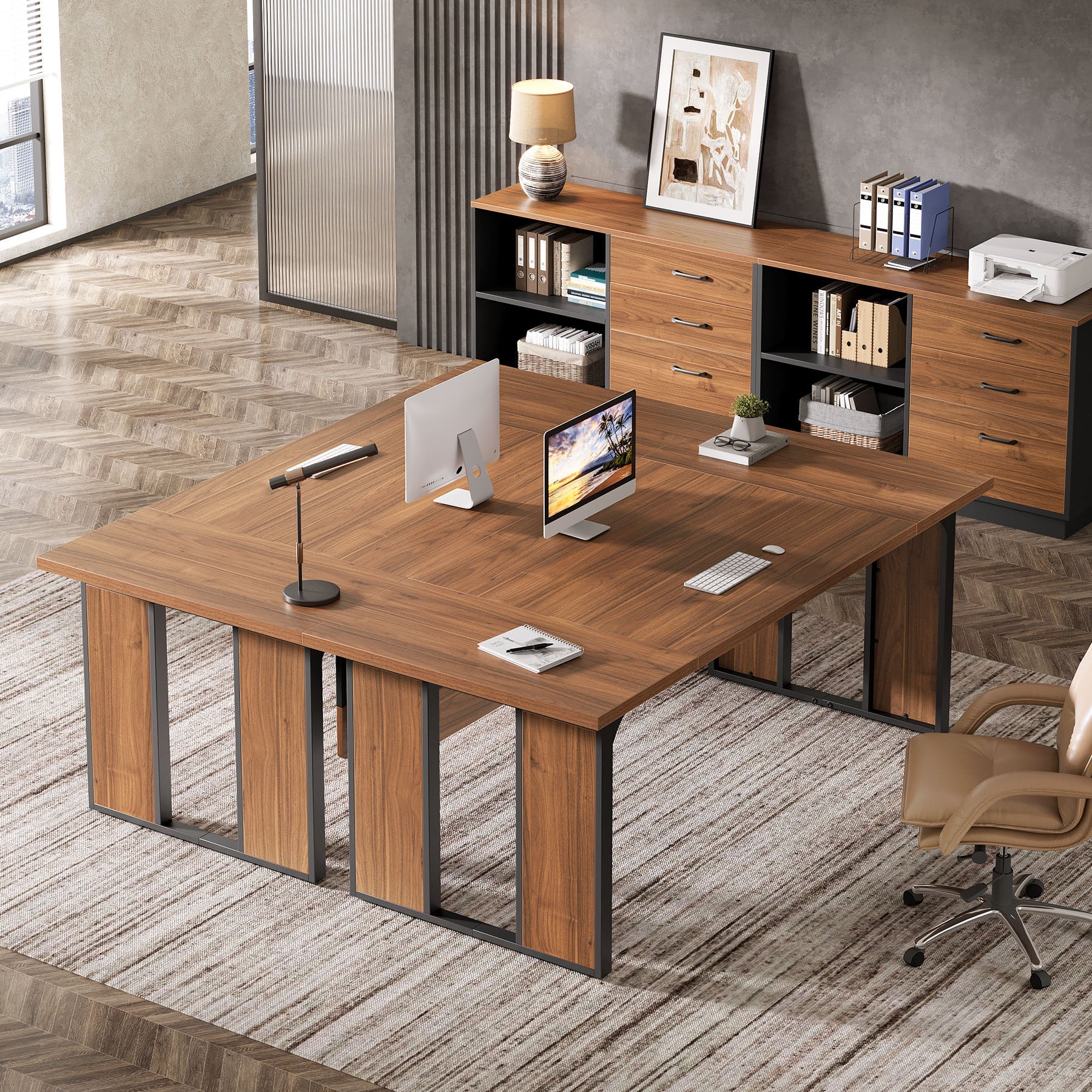 L-Shaped Executive Desk, 63" Computer Desk Workstation with File Cabinet - Image 6