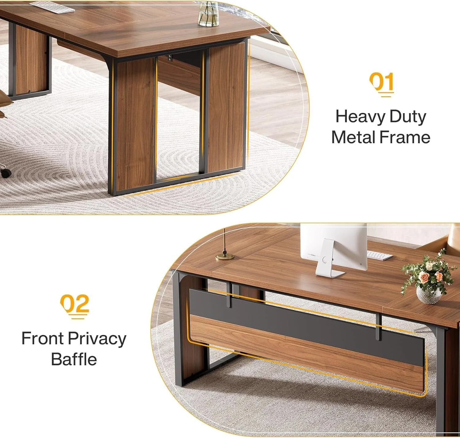 L-Shaped Executive Desk, 63" Computer Desk Workstation with File Cabinet - Image 7