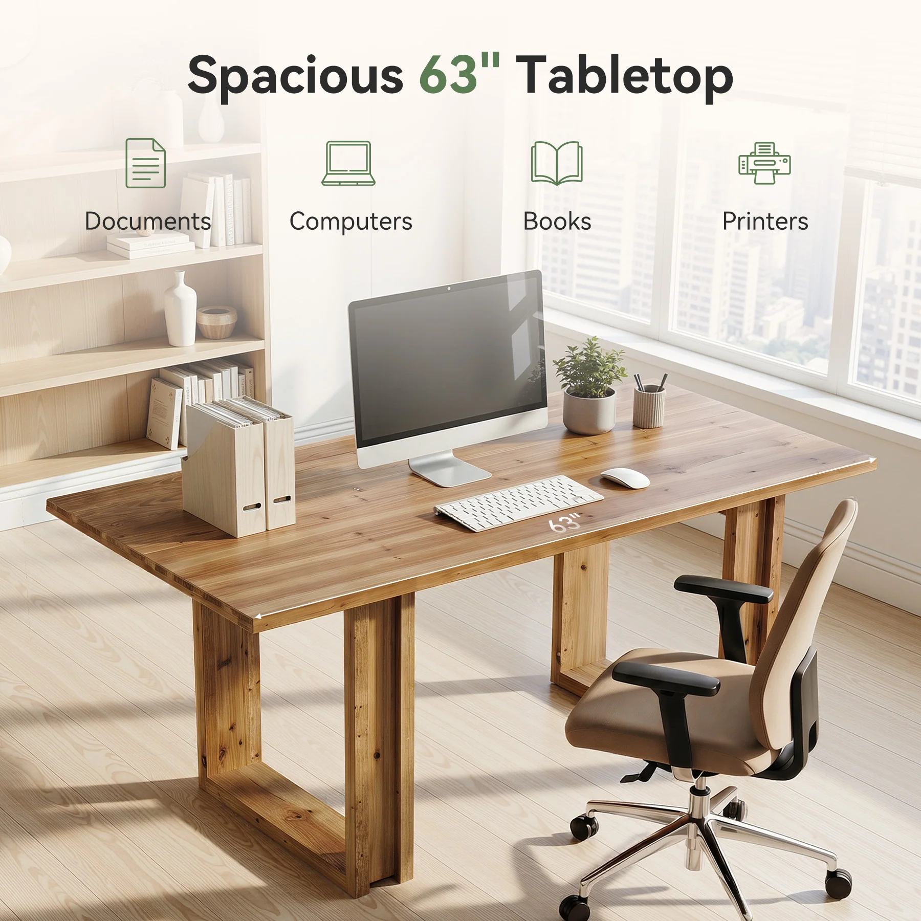 Tribesigns 63-Inch Executive Desk, Large Solid Wood Desk for Home Office - Image 3