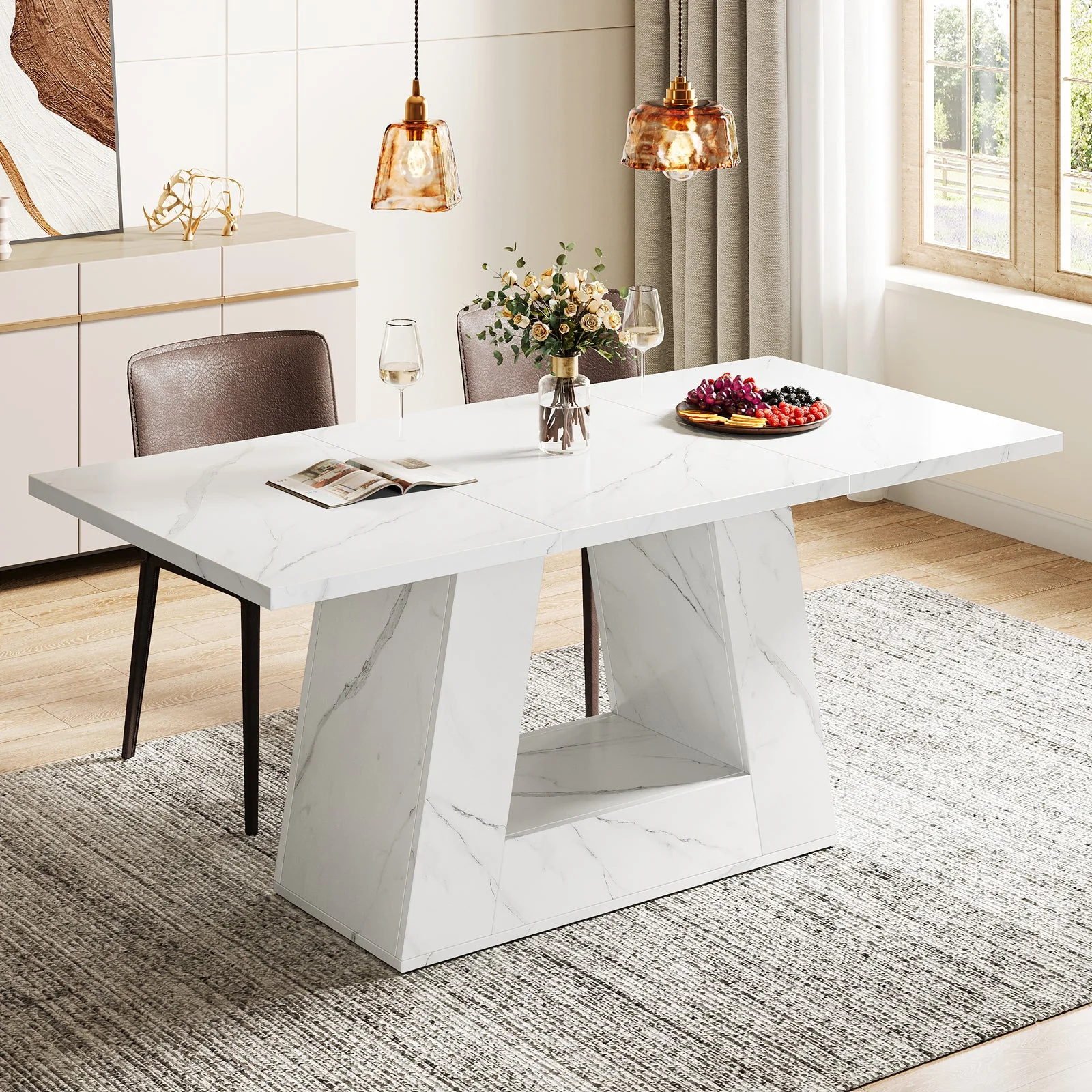 Faux Marble Dining Table, 63" Kitchen Table for 4 to 6 People