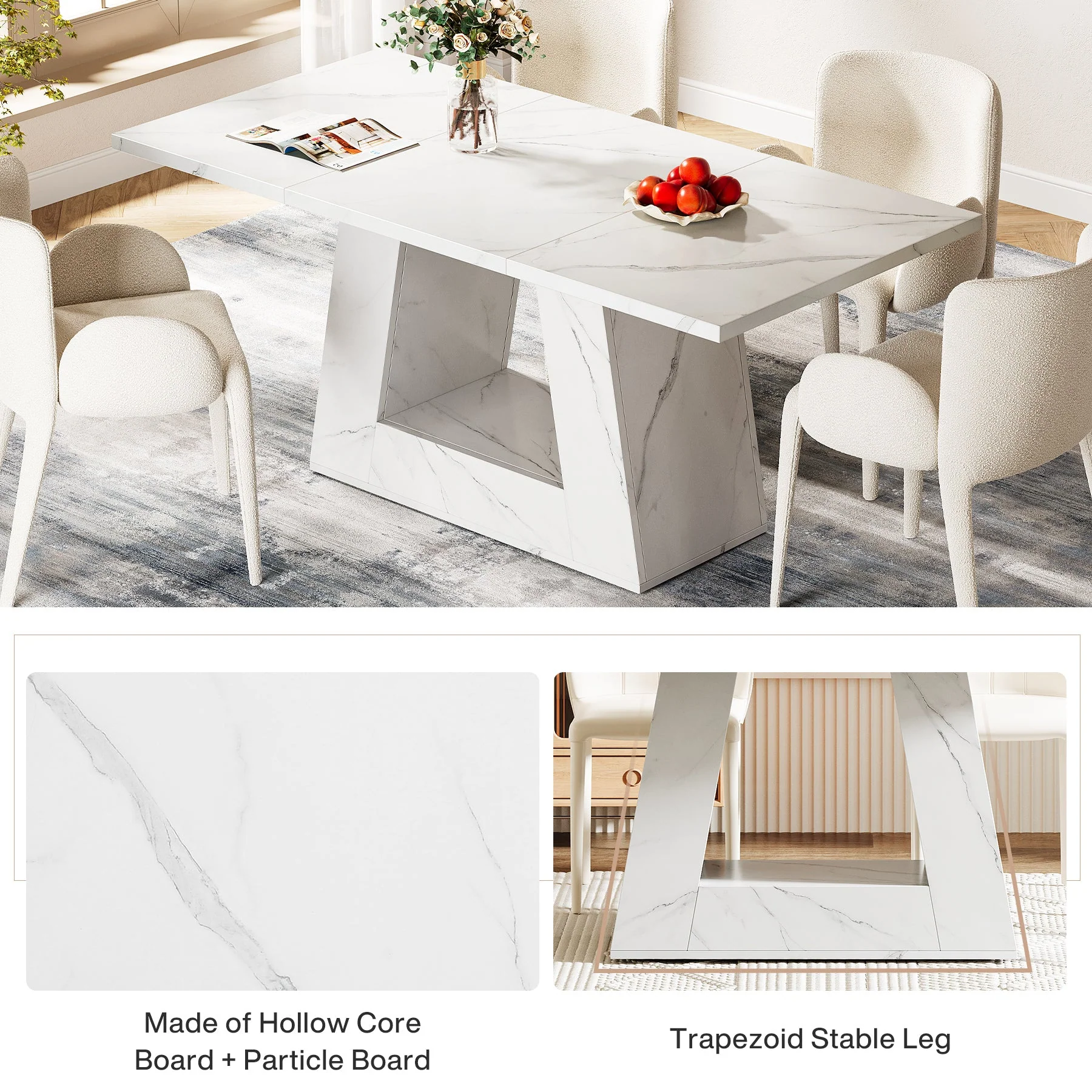 Faux Marble Dining Table, 63" Kitchen Table for 4 to 6 People - Image 6