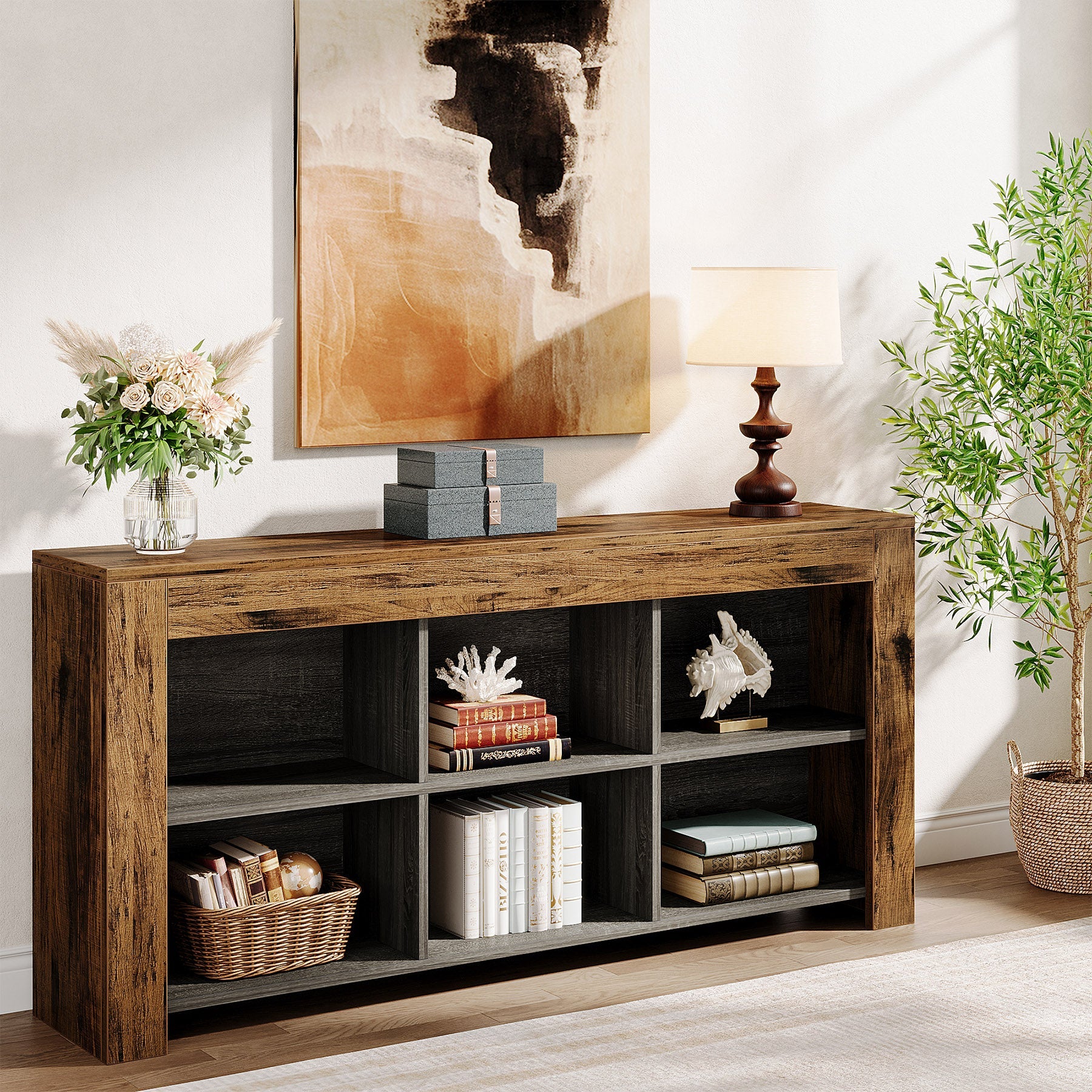 63" Wood Bookshelf, Horizontal Bookcase Storage Display Shelf - Image 3