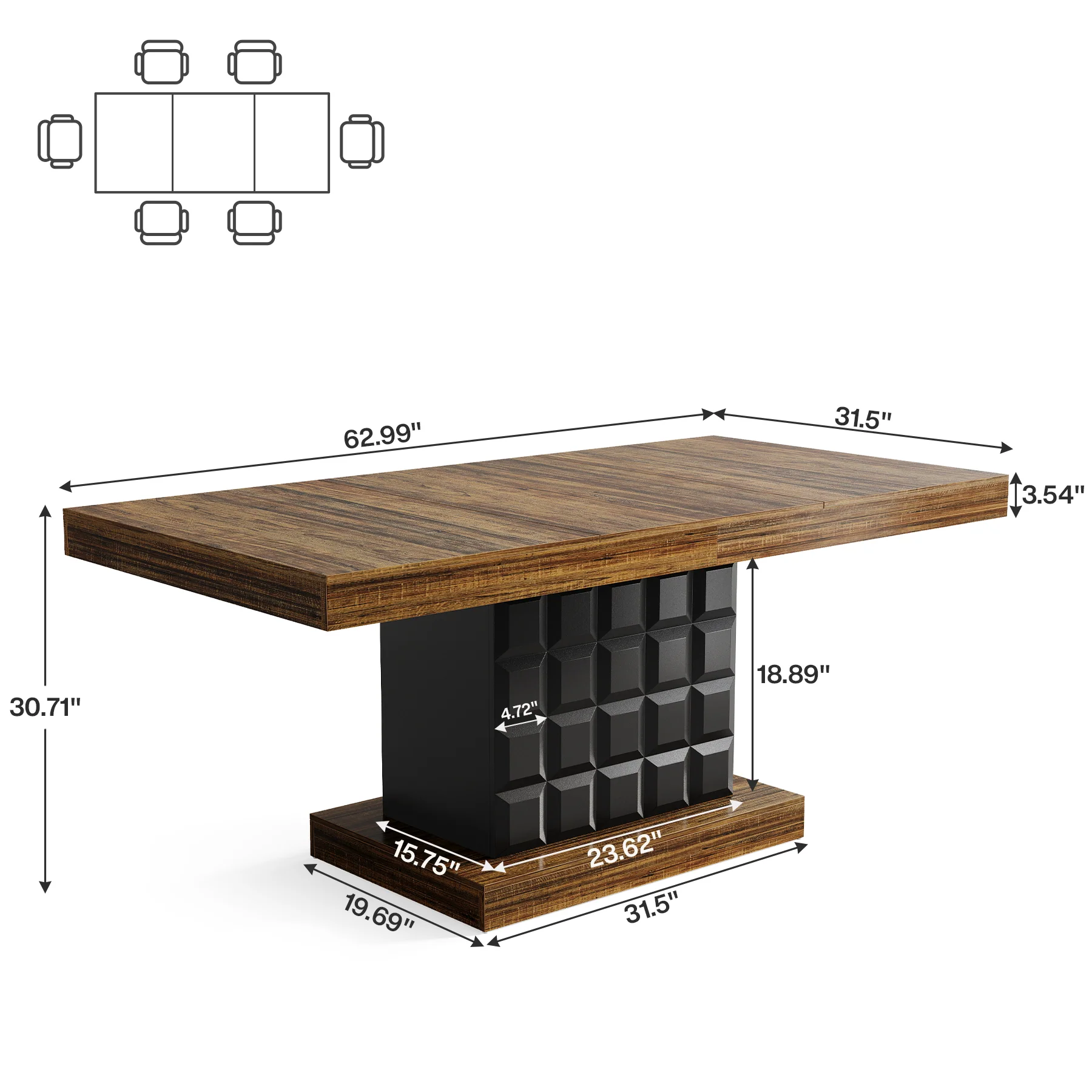 63" Dining Table, Rectangular Kitchen Table with Geometric Relief for 4-6 - Image 2
