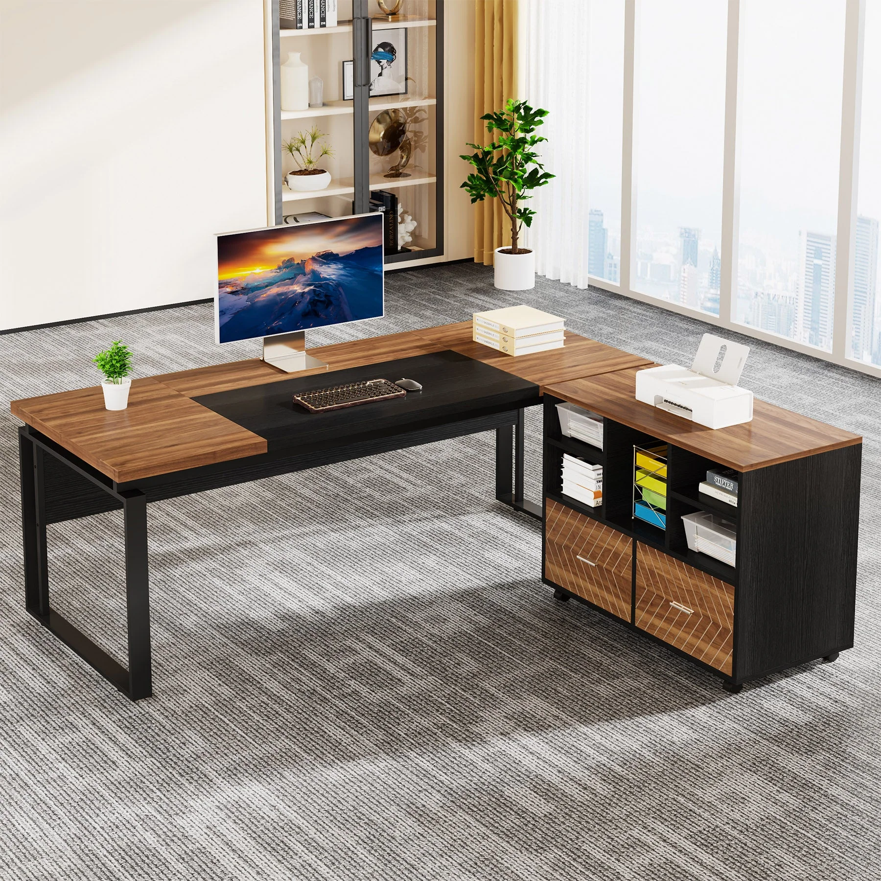 L-Shaped Executive Desk, 63" Computer Desk with Mobile File Cabinet - Image 11