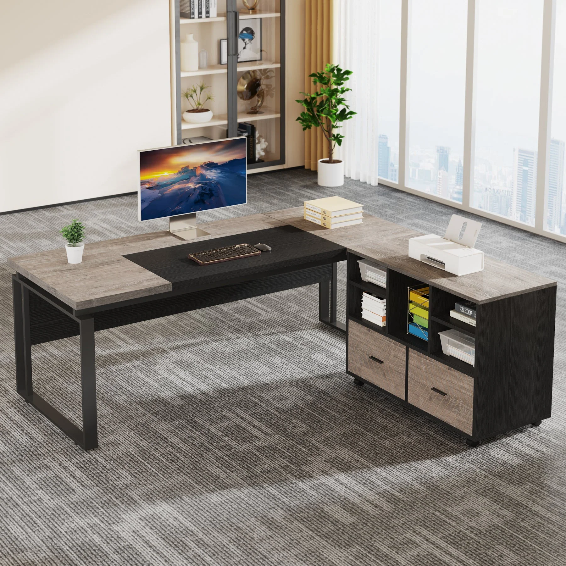 L-Shaped Executive Desk, 63" Computer Desk with Mobile File Cabinet - Image 13
