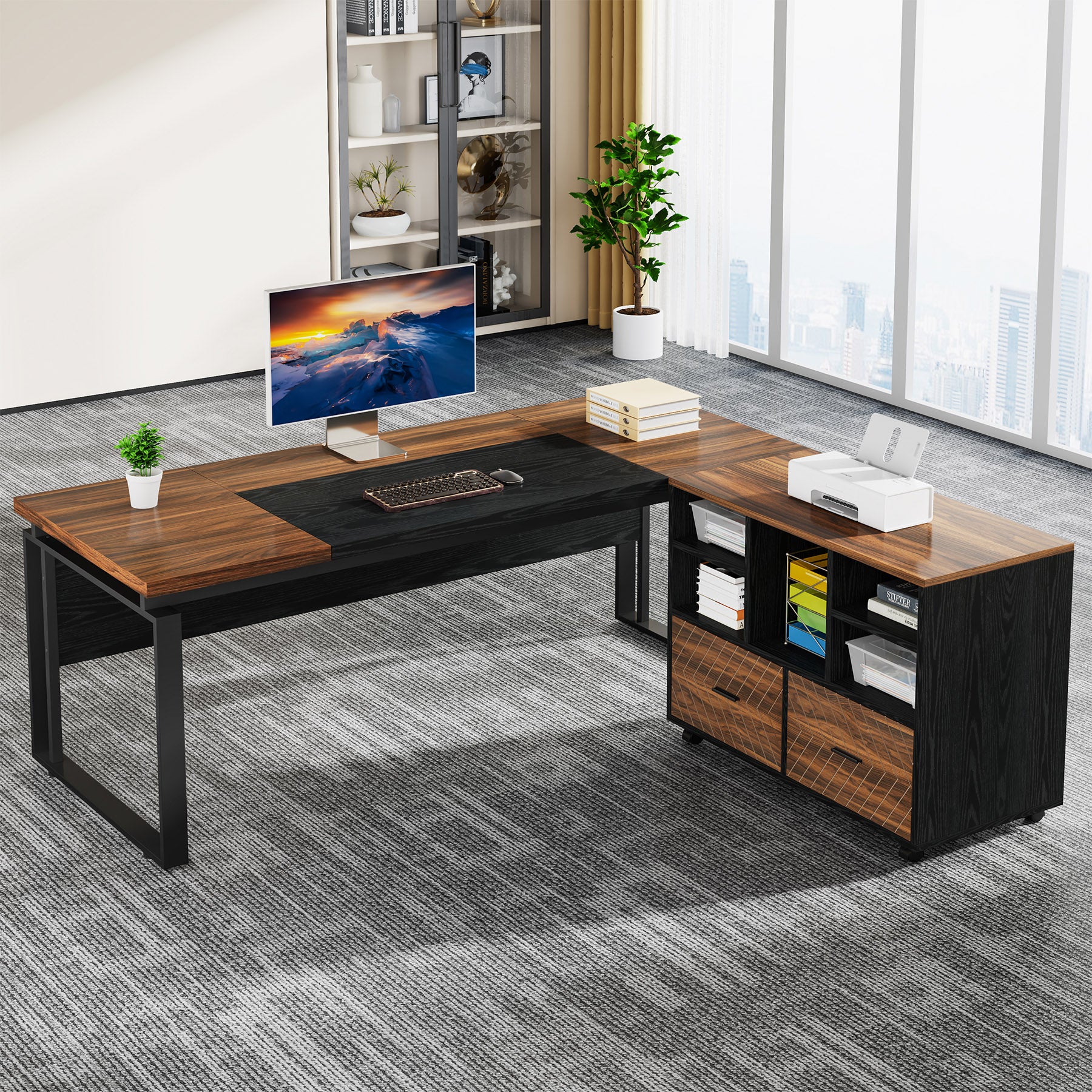 L-Shaped Executive Desk, 63" Computer Desk with Mobile File Cabinet - Image 15