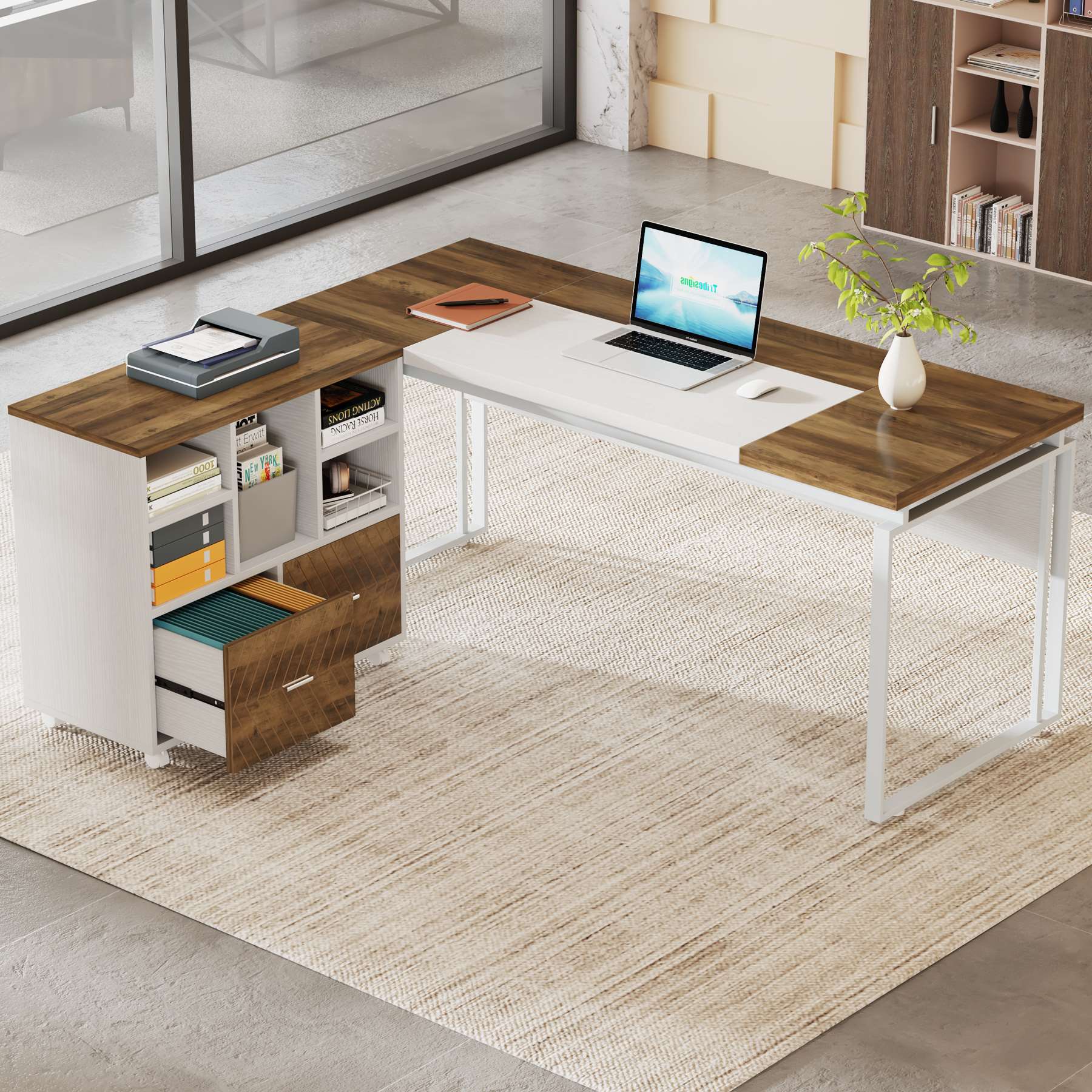 L-Shaped Executive Desk, 63" Computer Desk with Mobile File Cabinet - Image 5