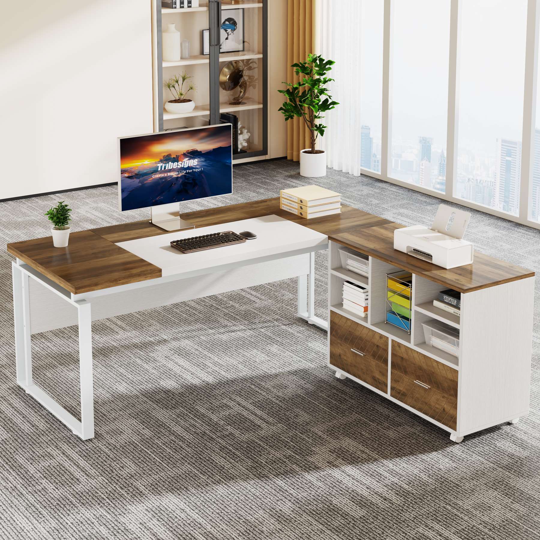 L-Shaped Executive Desk, 63" Computer Desk with Mobile File Cabinet - Image 6