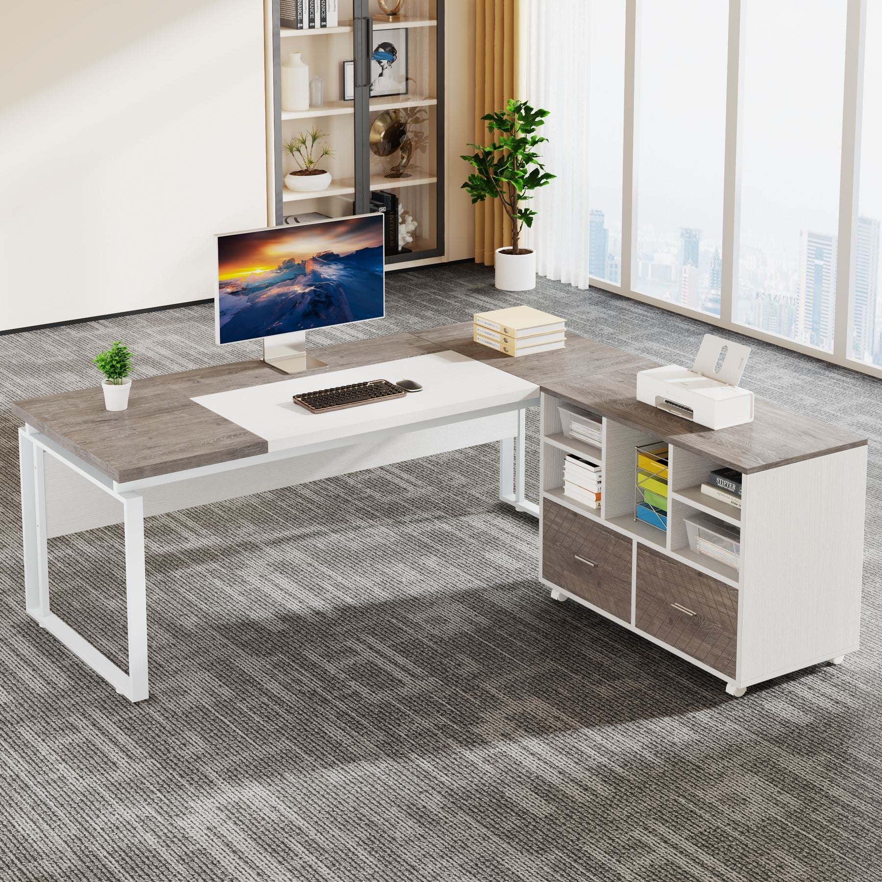 L-Shaped Executive Desk, 63" Computer Desk with Mobile File Cabinet - Image 9