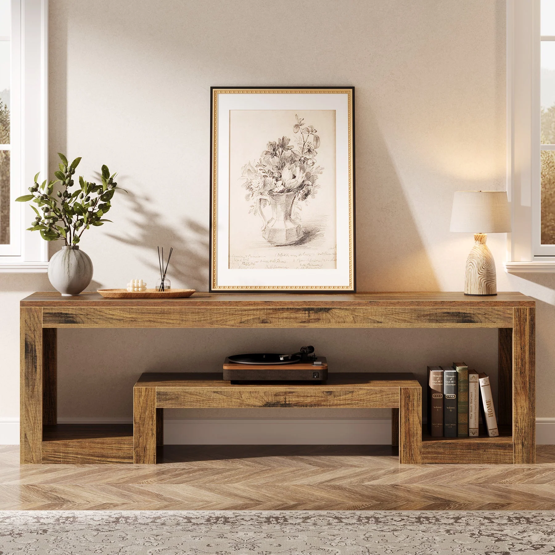 63" Center TV Stand, Vintage Entertainment Center Media Console Stand - Image 3