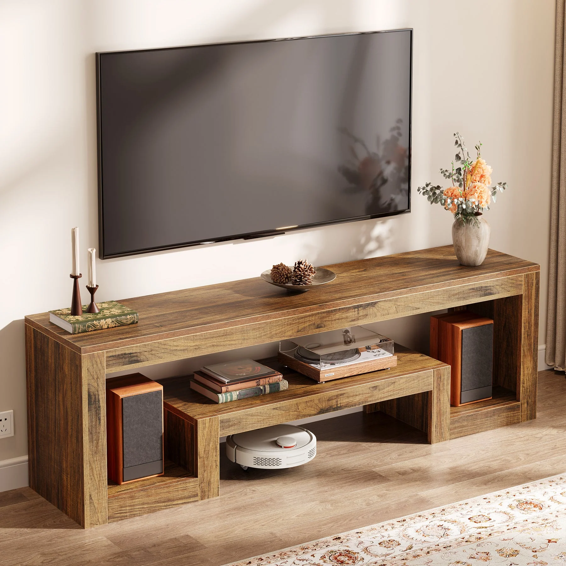 63" Center TV Stand, Vintage Entertainment Center Media Console Stand - Image 4