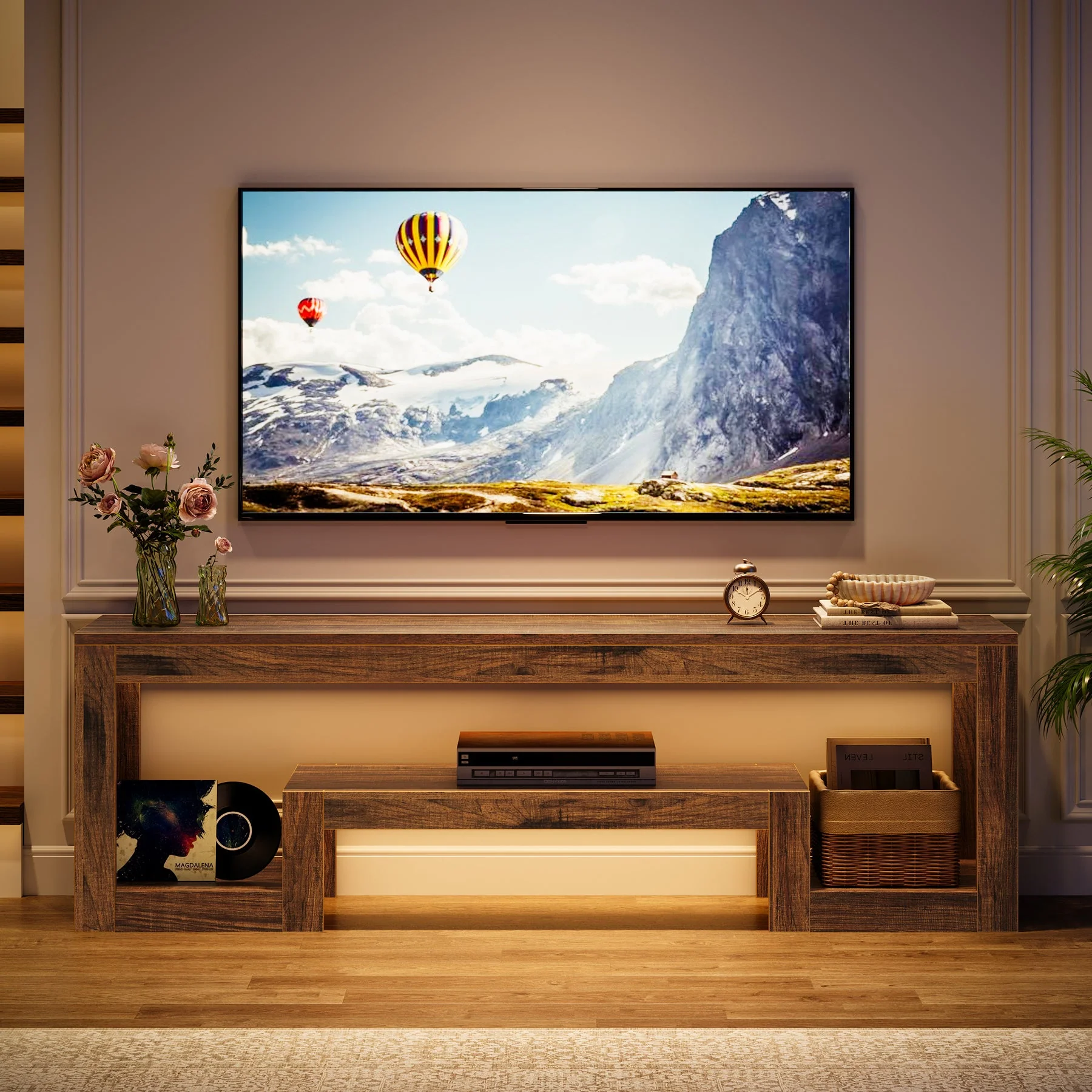 63" Center TV Stand, Vintage Entertainment Center Media Console Stand - Image 5