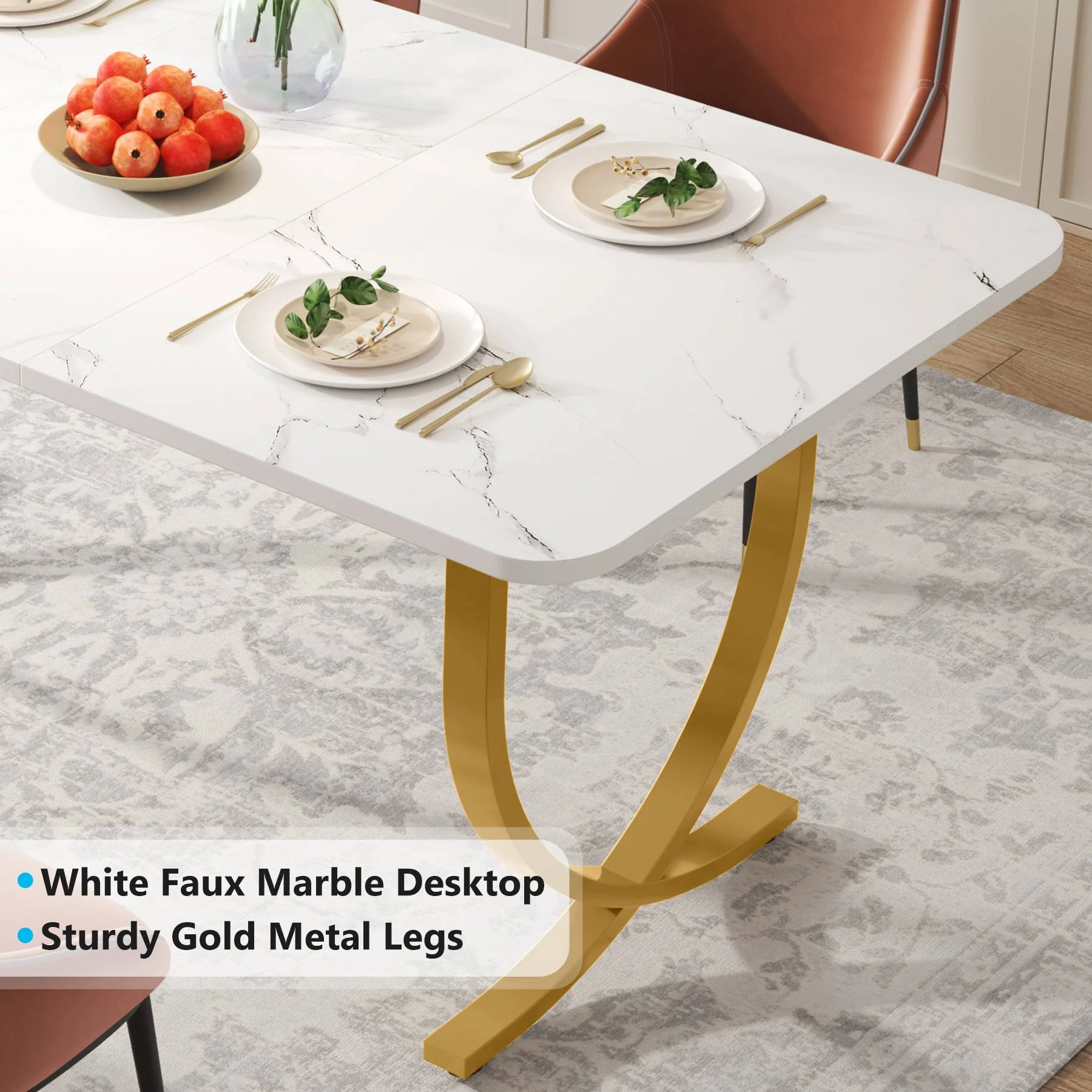 63" Dining Table, Modern Kitchen Table with Faux Marble Table Top - Image 6