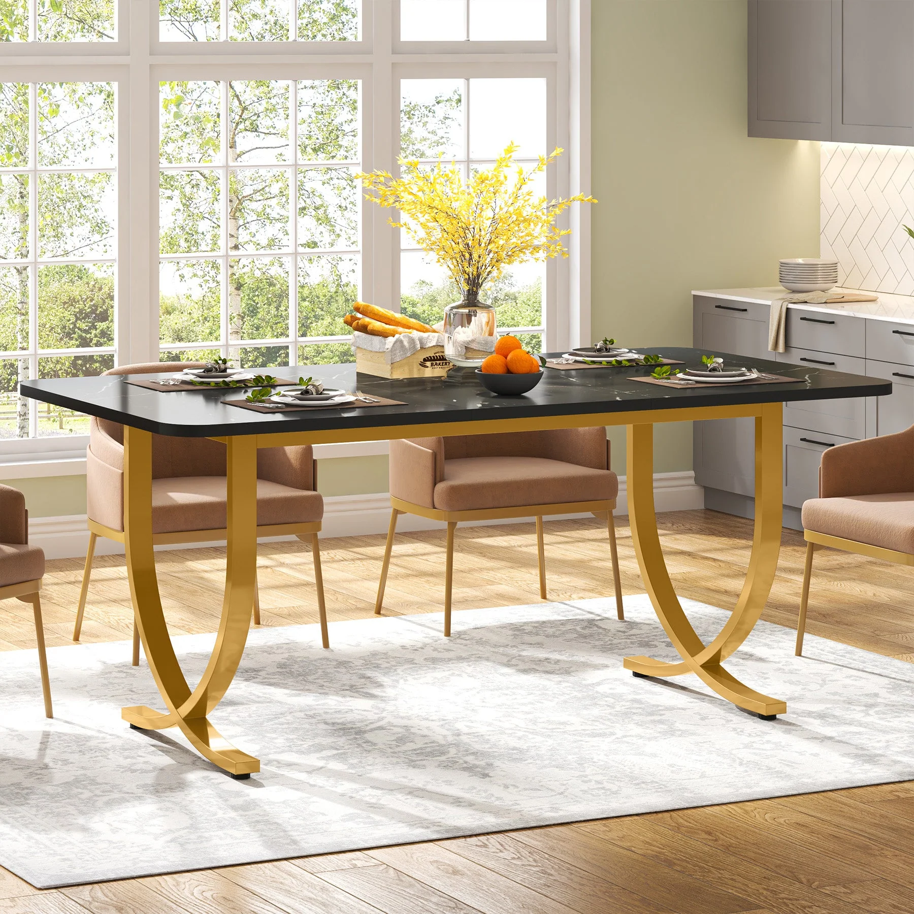 63" Dining Table, Modern Kitchen Table with Faux Marble Table Top - Image 7