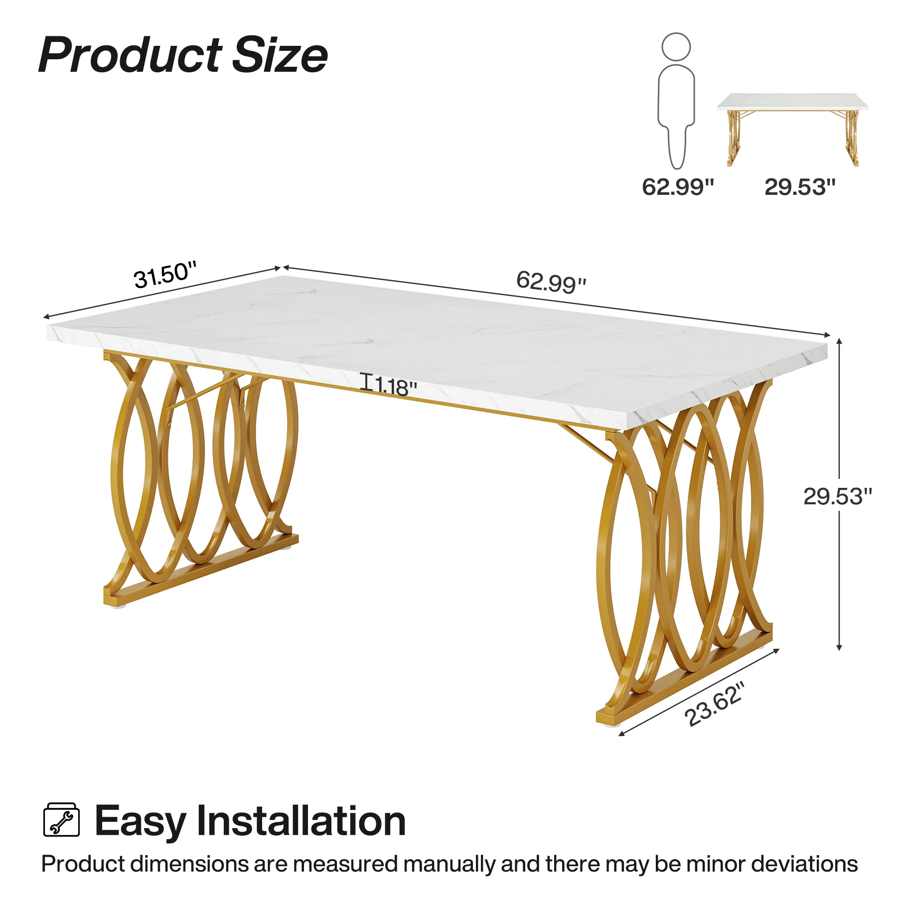 63" Modern Dining Table with Faux Marble Tabletop for 4-6 People - Image 2