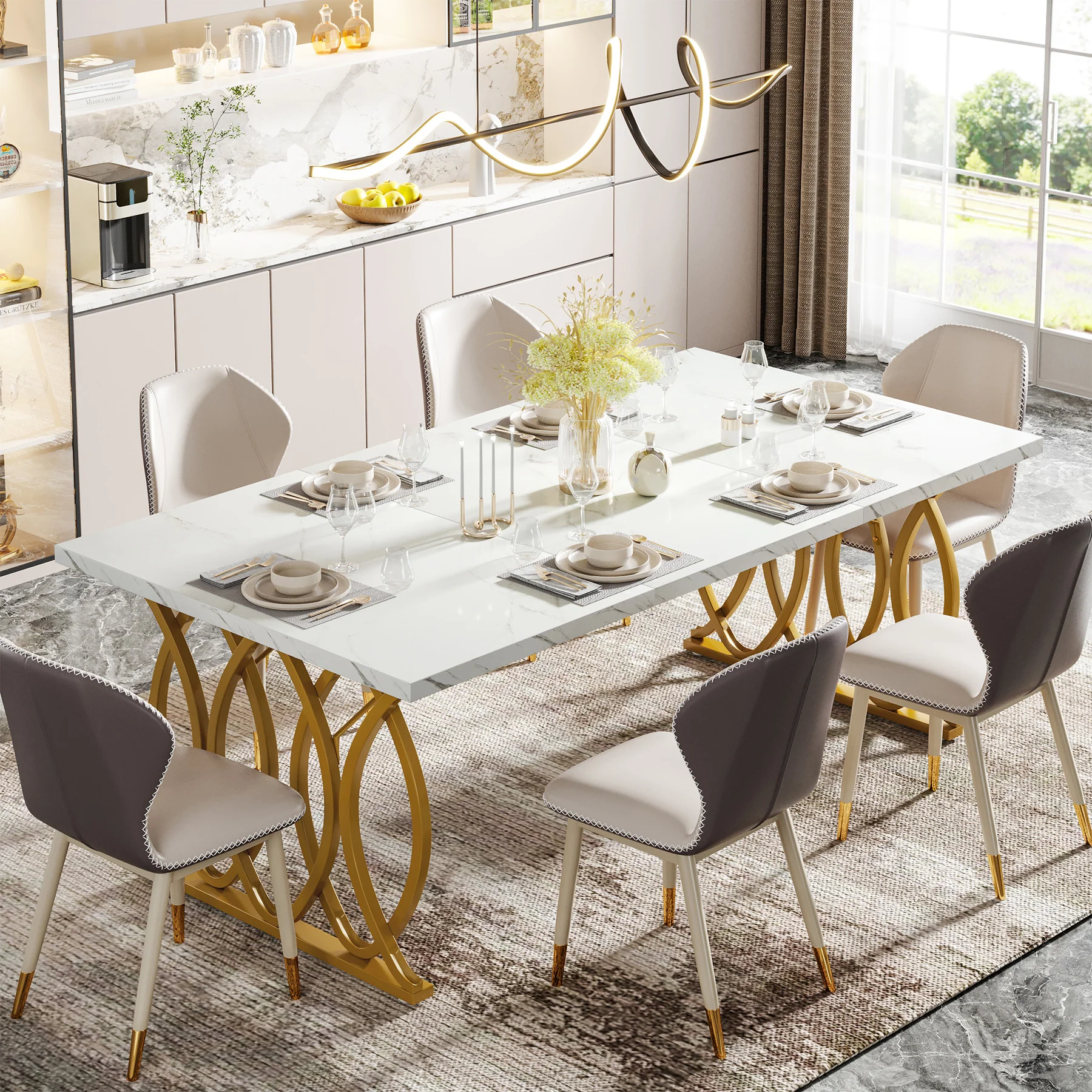 63" Modern Dining Table with Faux Marble Tabletop for 4-6 People - Image 3