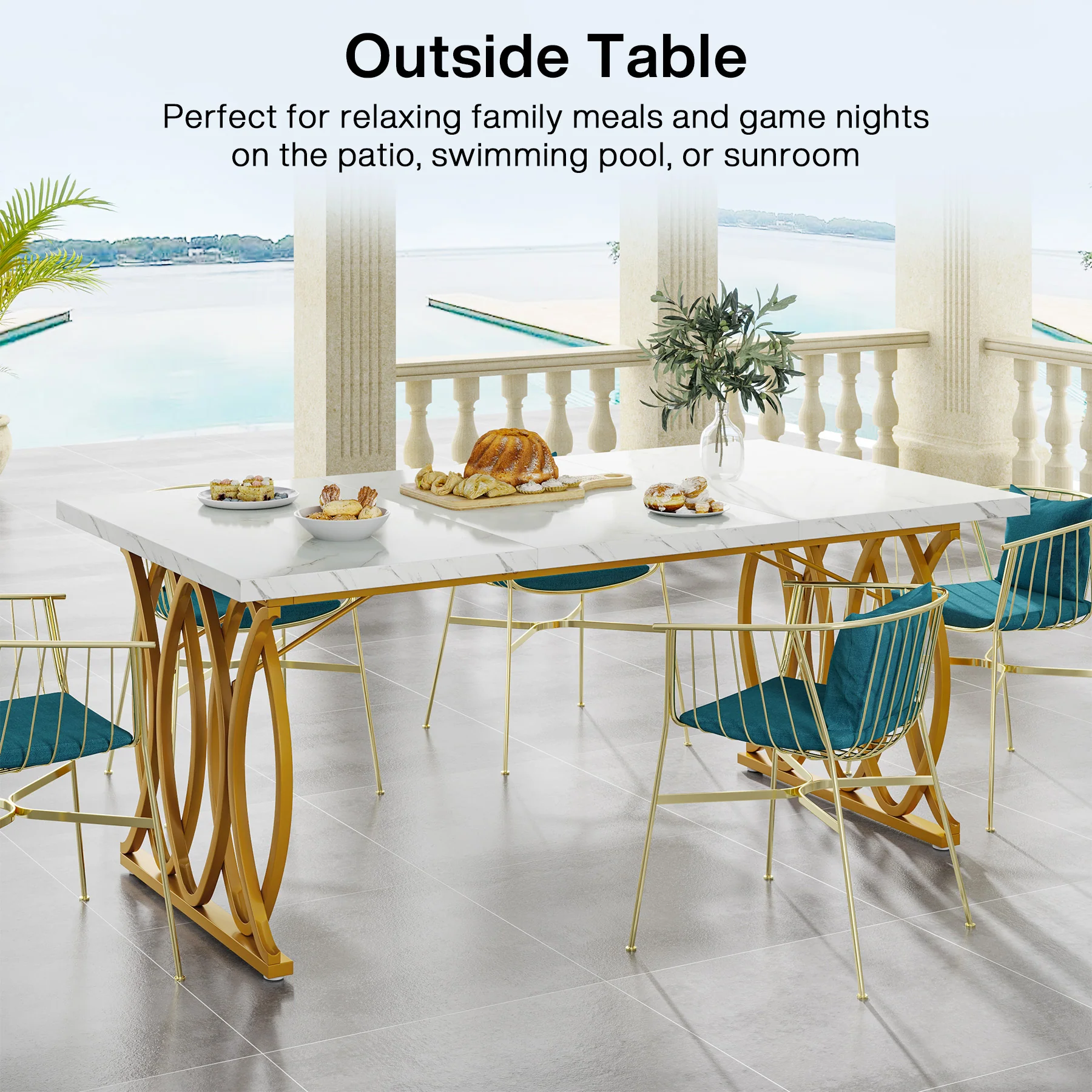 63" Modern Dining Table with Faux Marble Tabletop for 4-6 People - Image 5