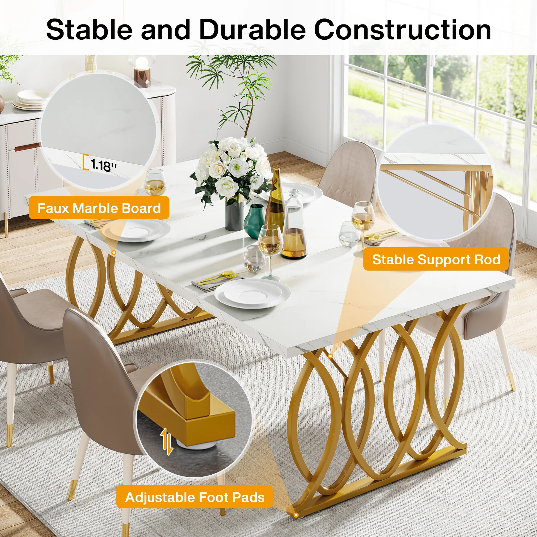 63" Modern Dining Table with Faux Marble Tabletop for 4-6 People - Image 6