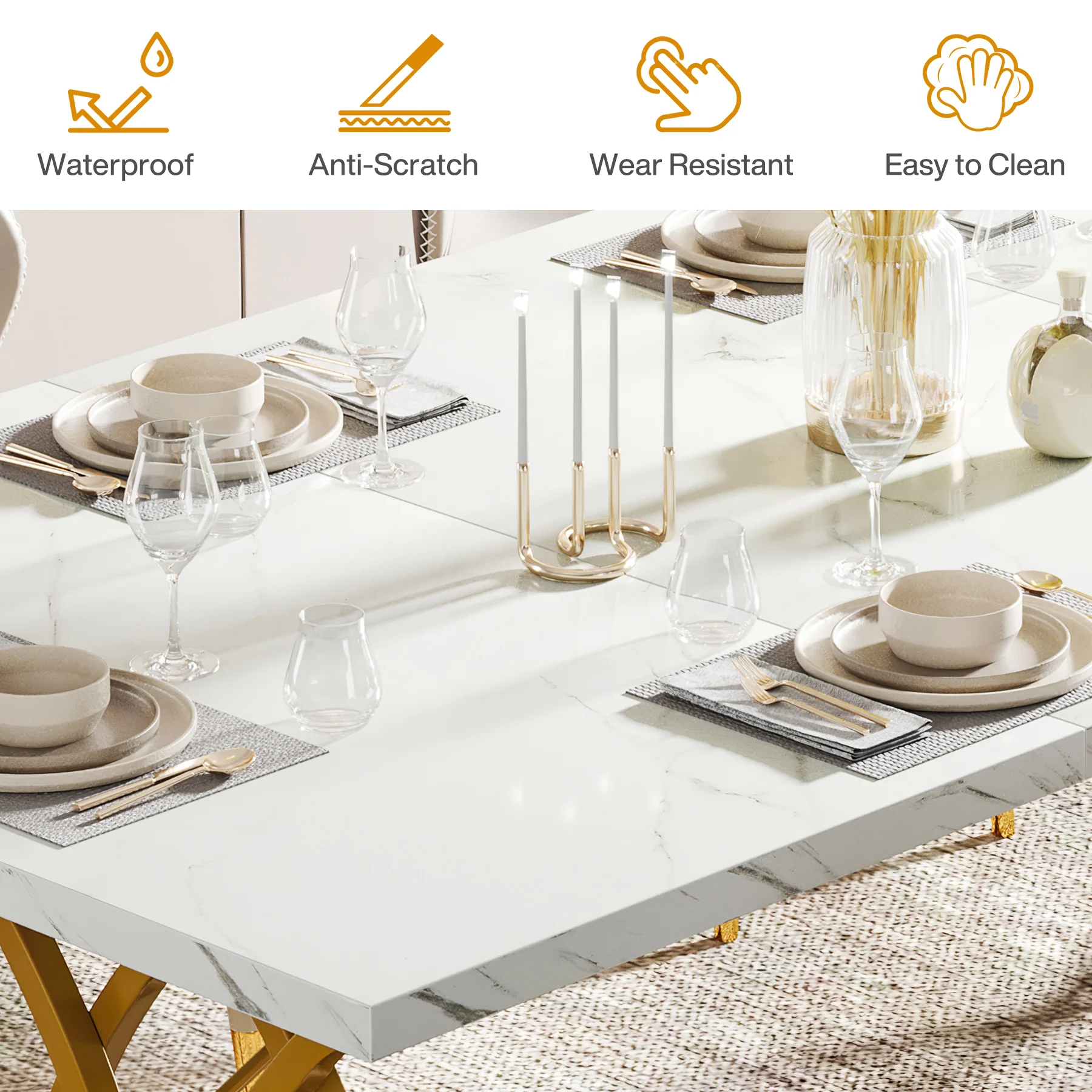 63" Modern Dining Table with Faux Marble Tabletop for 4-6 People - Image 7