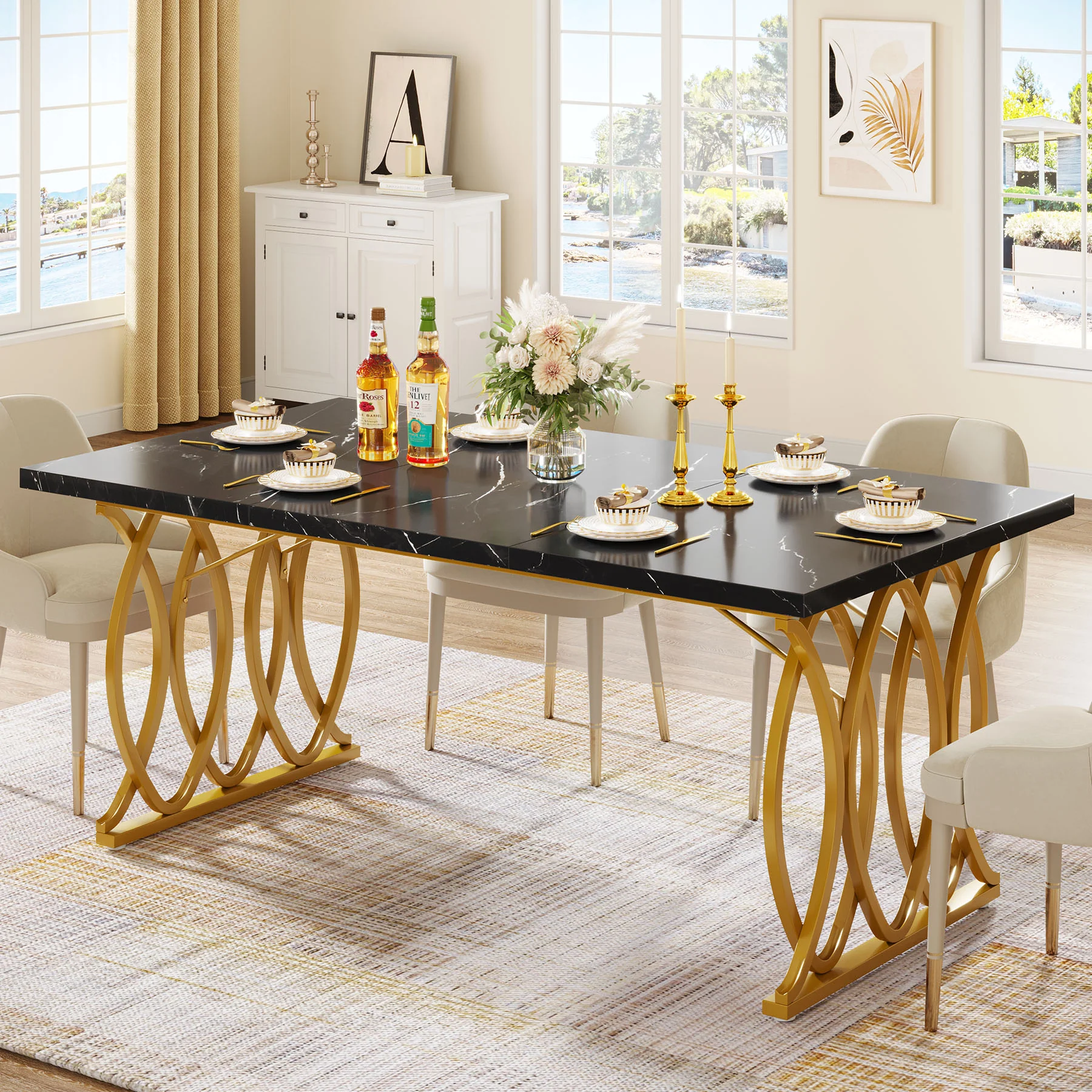 63" Modern Dining Table with Faux Marble Tabletop for 4-6 People - Image 8