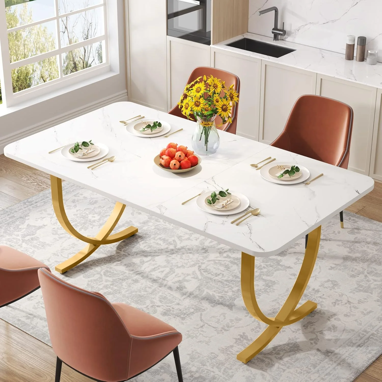 63" Modern Kitchen Table with Gold Metal Legs, Faux Marble Rectangular Dining Table