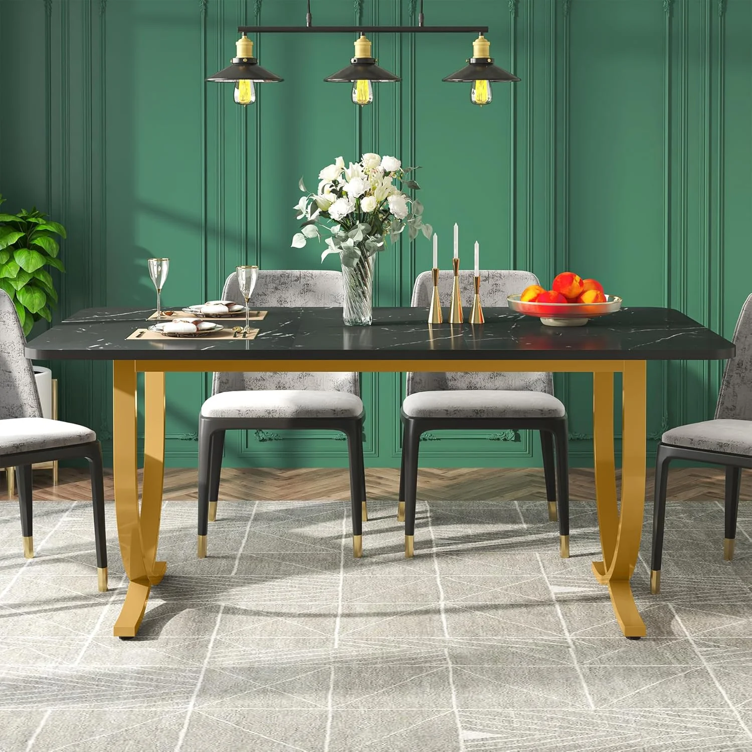 63" Modern Kitchen Table with Gold Metal Legs, Faux Marble Rectangular Dining Table - Image 10