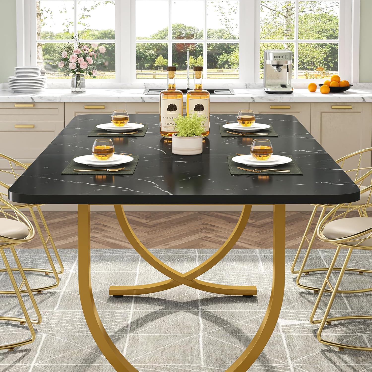63" Modern Kitchen Table with Gold Metal Legs, Faux Marble Rectangular Dining Table - Image 11