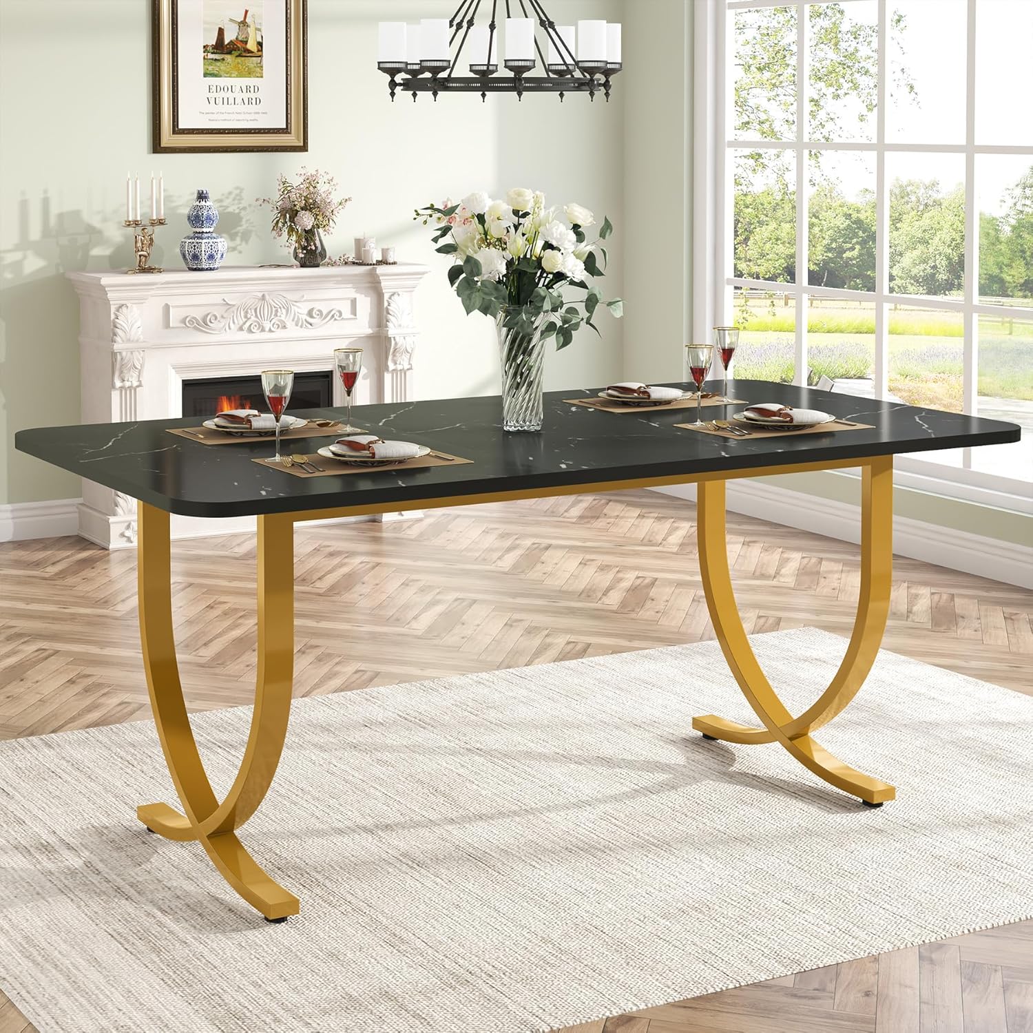 63" Modern Kitchen Table with Gold Metal Legs, Faux Marble Rectangular Dining Table - Image 12
