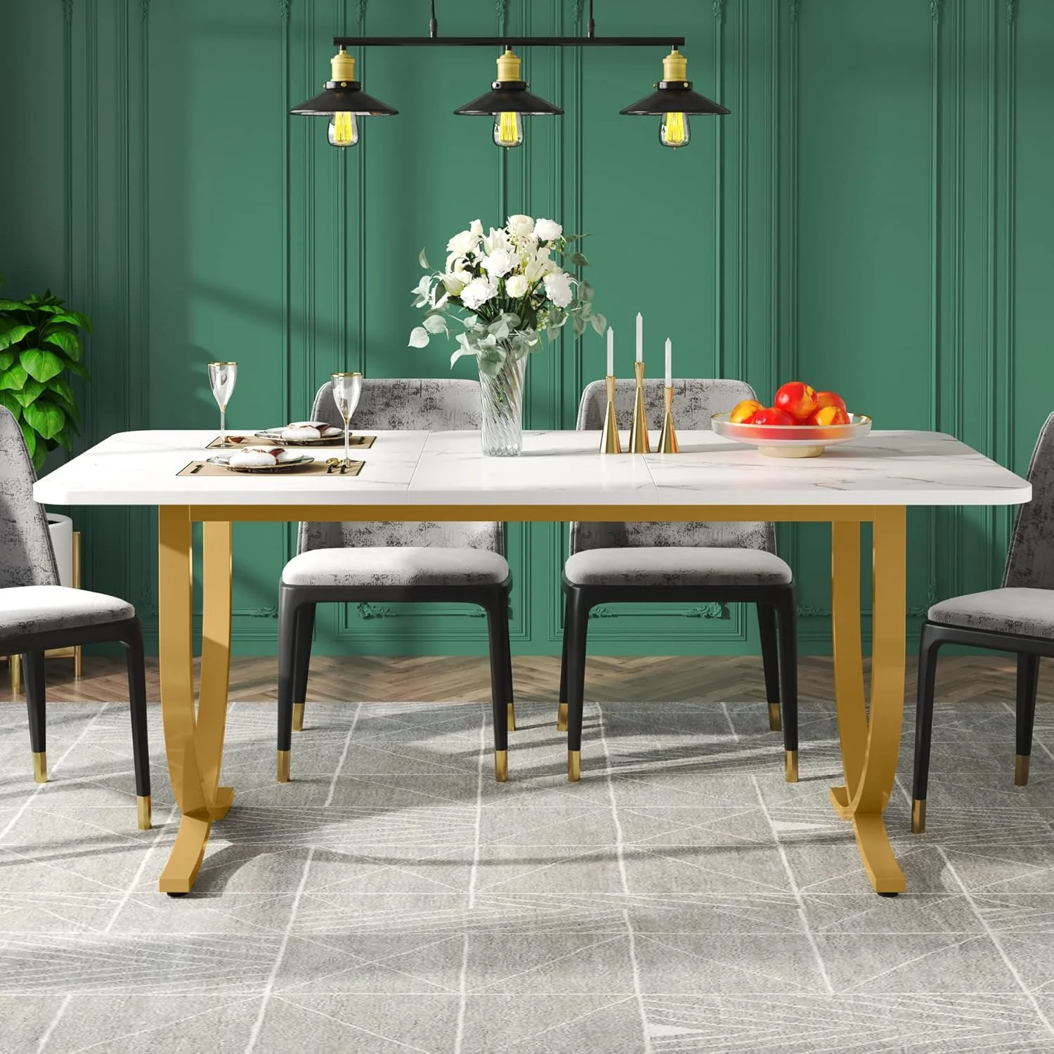 63" Modern Kitchen Table with Gold Metal Legs, Faux Marble Rectangular Dining Table - Image 13