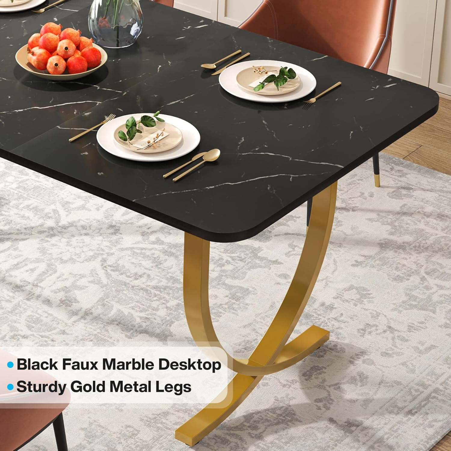 63" Modern Kitchen Table with Gold Metal Legs, Faux Marble Rectangular Dining Table - Image 14
