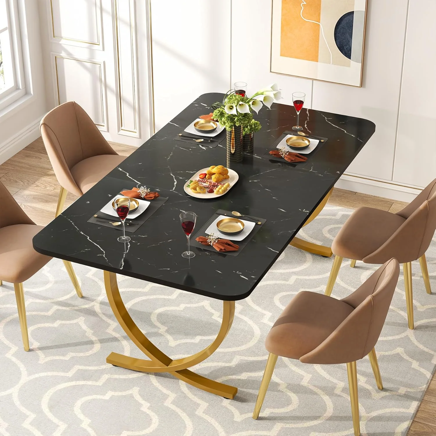 63" Modern Kitchen Table with Gold Metal Legs, Faux Marble Rectangular Dining Table - Image 15