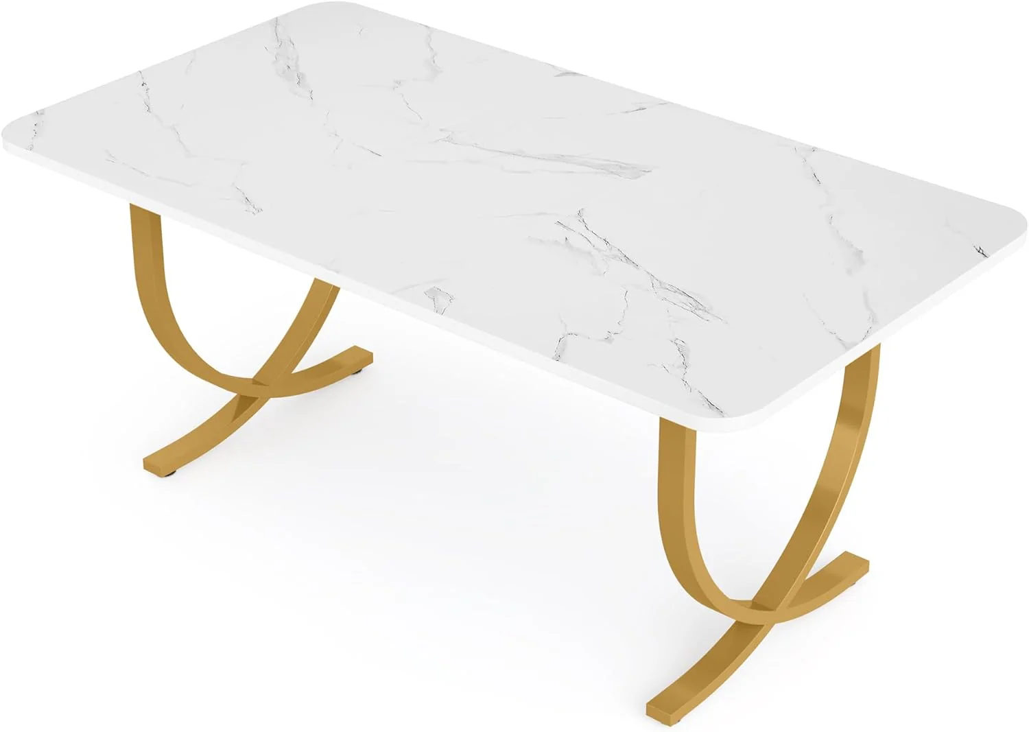 63" Modern Kitchen Table with Gold Metal Legs, Faux Marble Rectangular Dining Table - Image 18