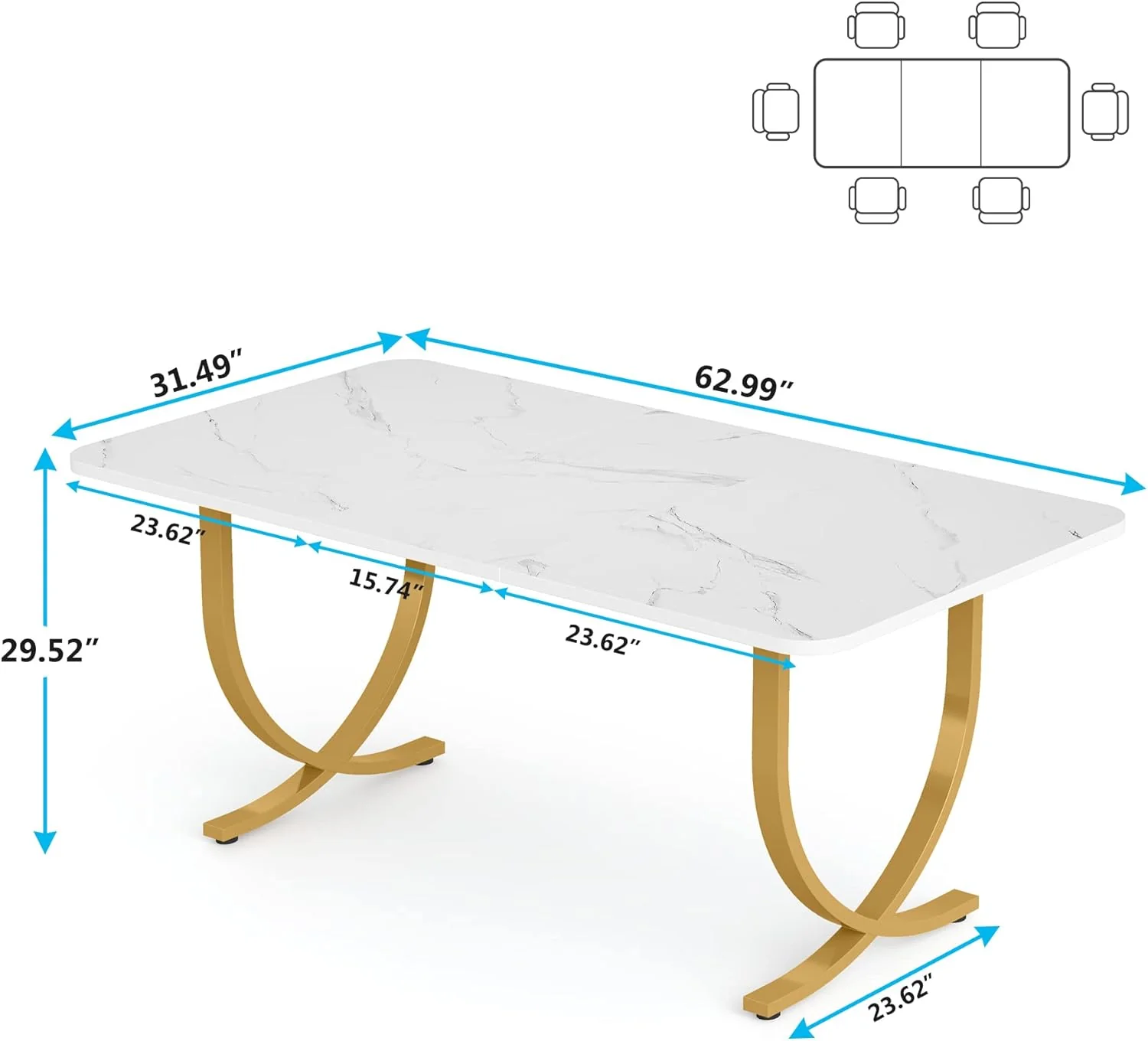 63" Modern Kitchen Table with Gold Metal Legs, Faux Marble Rectangular Dining Table - Image 2