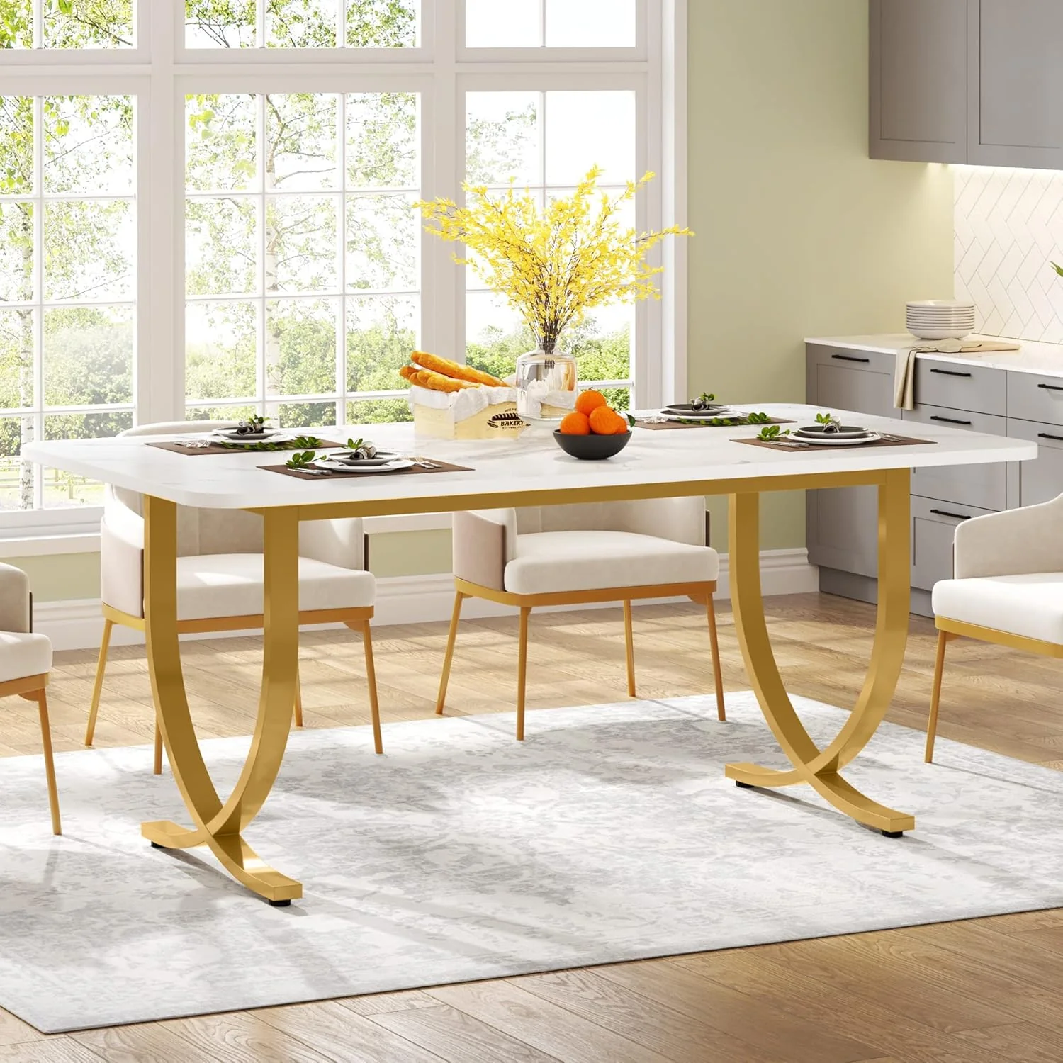 63" Modern Kitchen Table with Gold Metal Legs, Faux Marble Rectangular Dining Table - Image 3