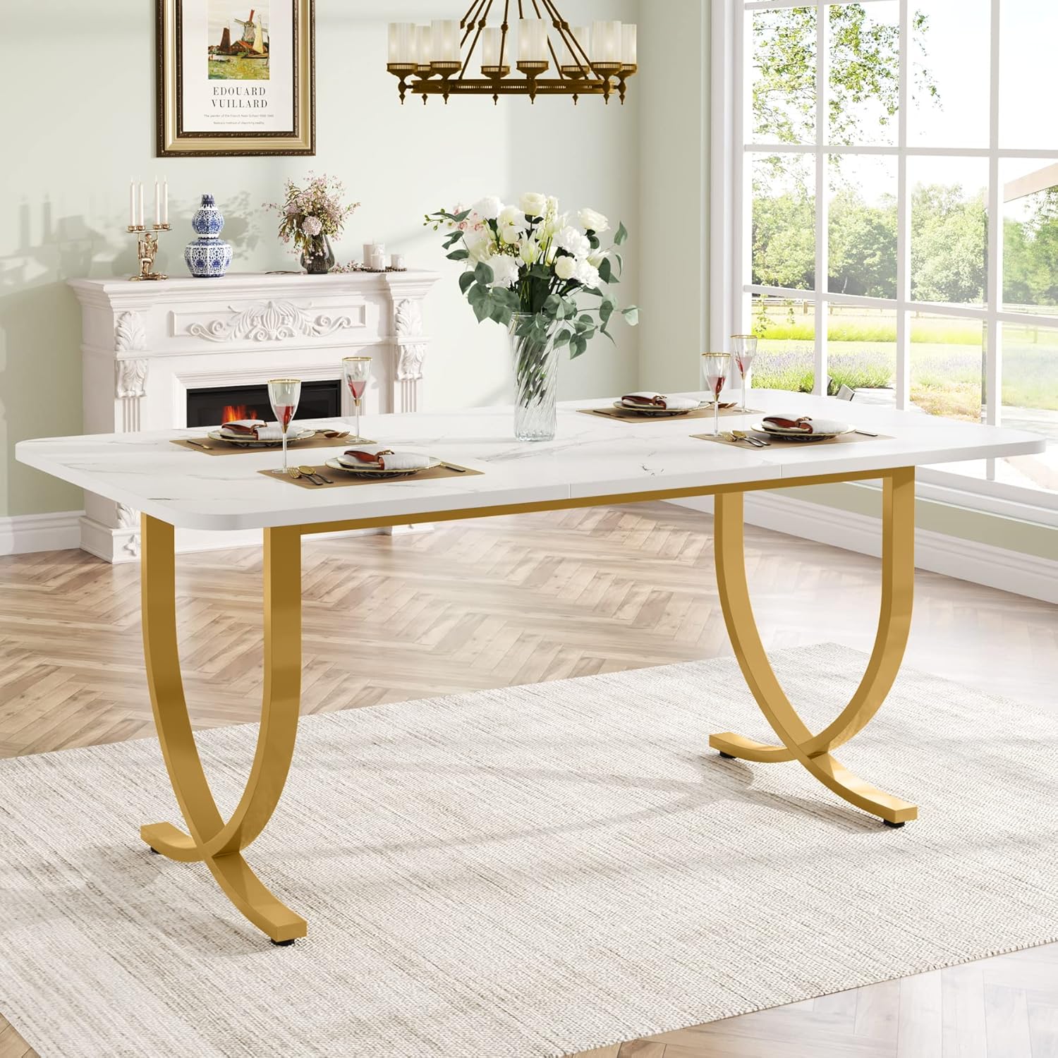 63" Modern Kitchen Table with Gold Metal Legs, Faux Marble Rectangular Dining Table - Image 4